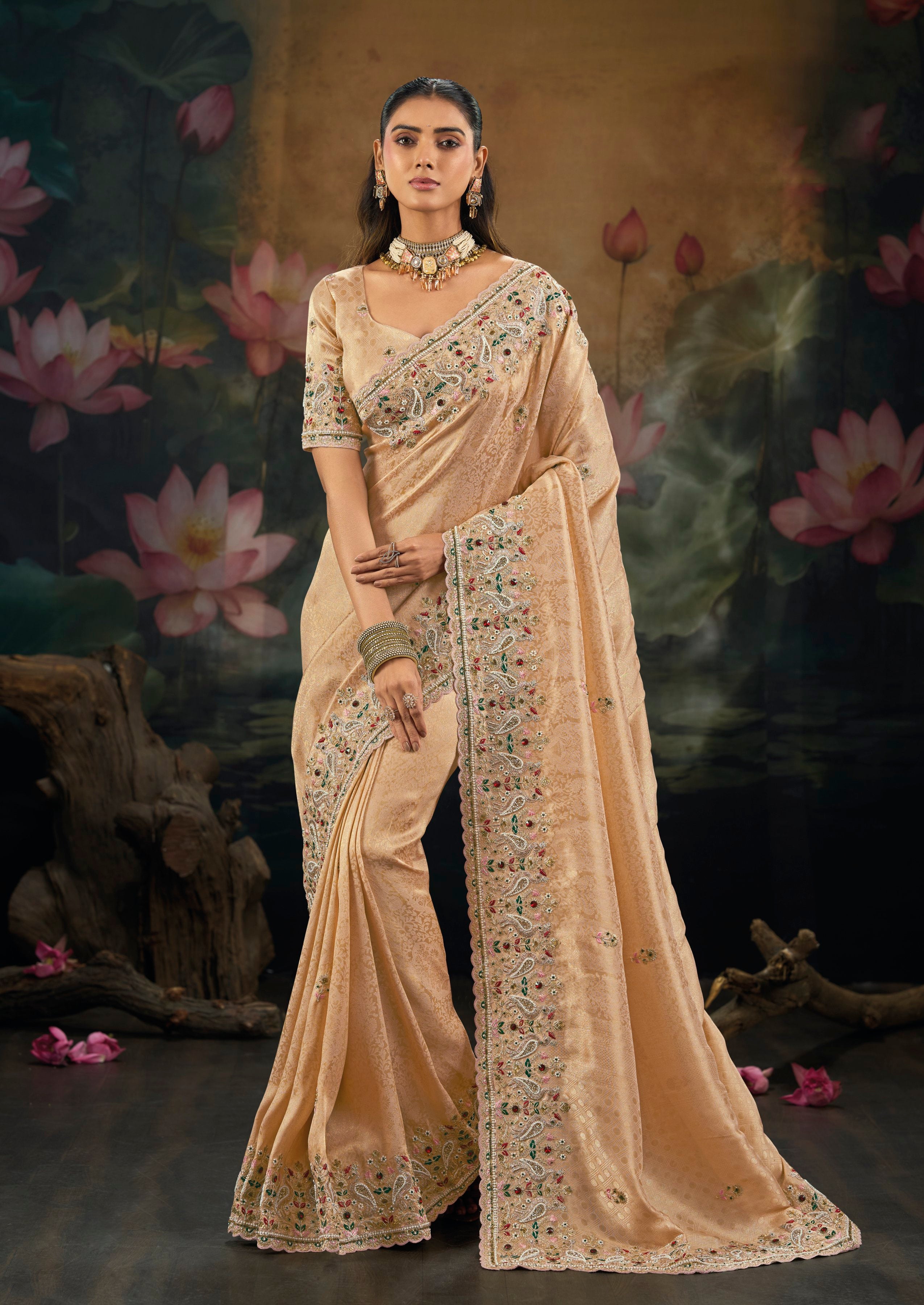 Beige Pure Kanjivaram Moti Heavy Work Saree