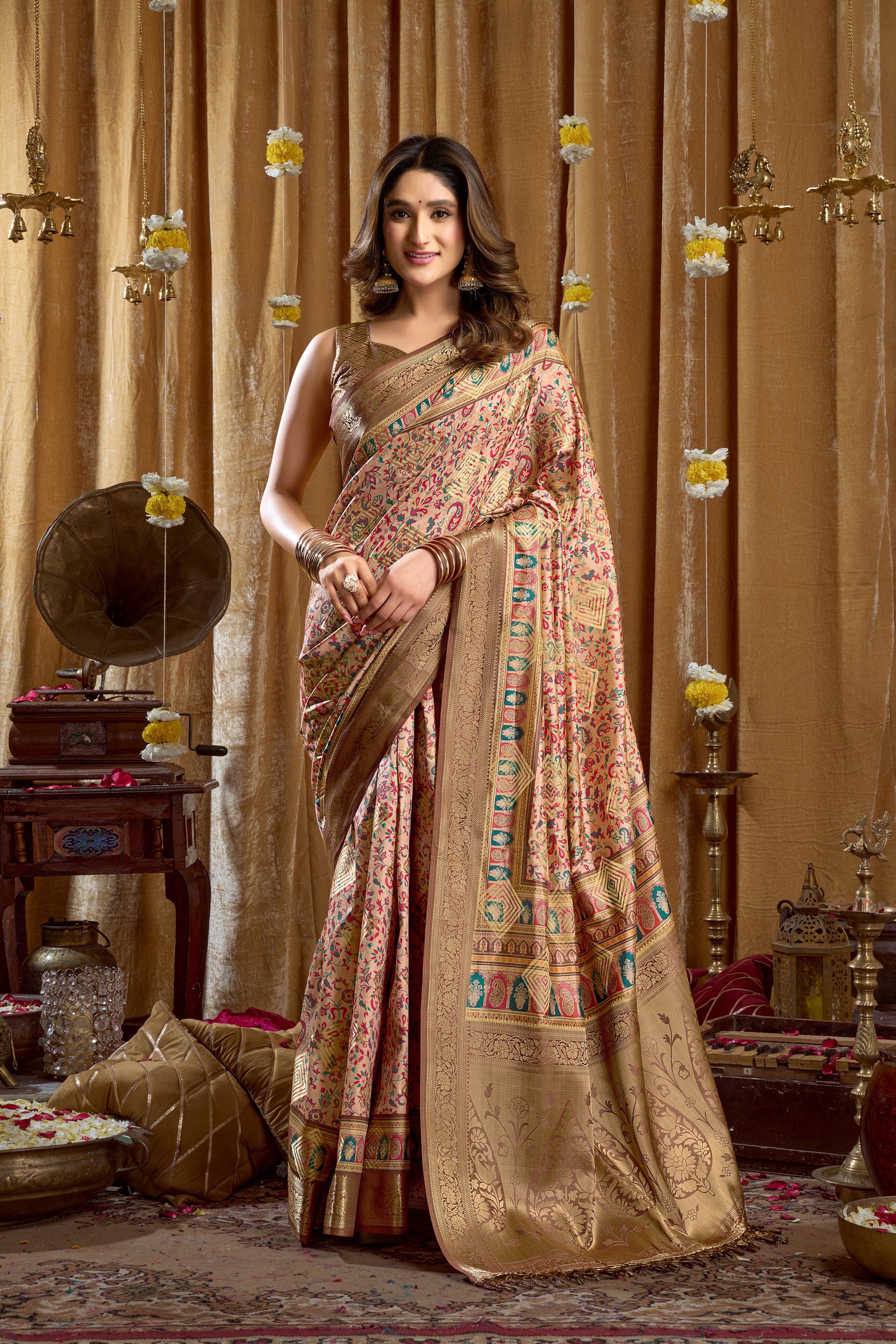 Cream Cluster Digital Printed Banarasi Saree