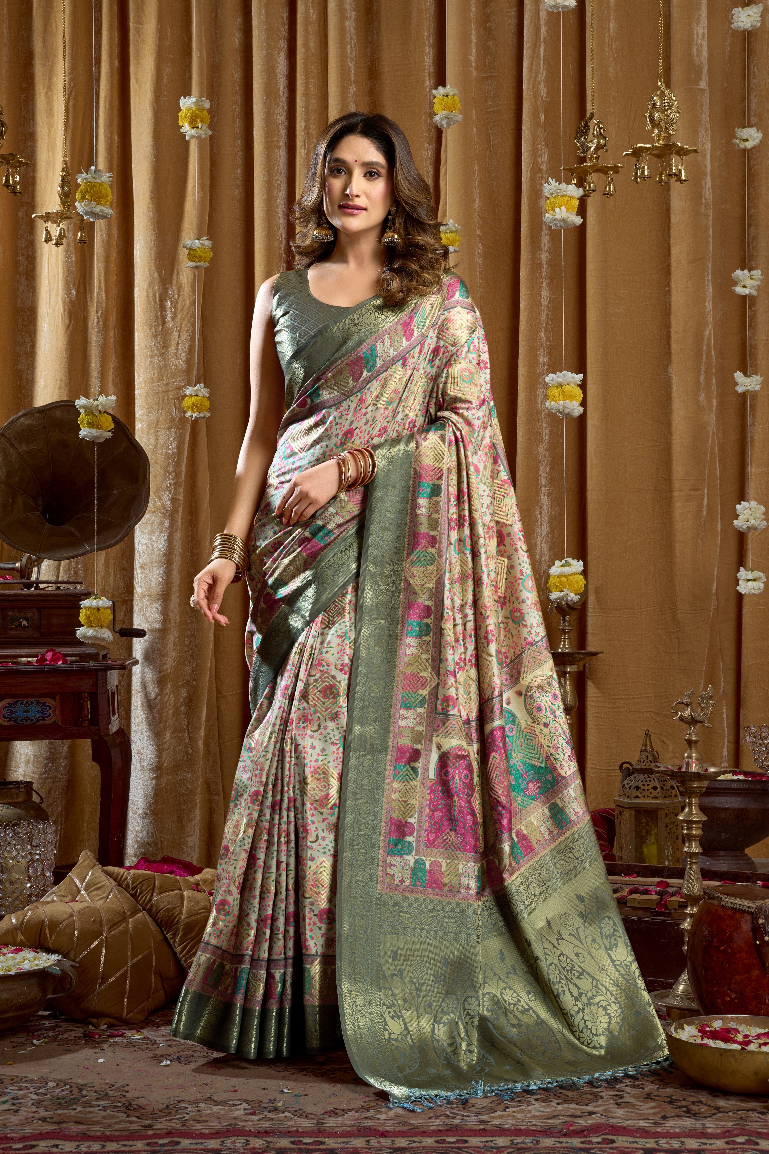 Olive Green Cluster Digital Printed Banarasi Saree