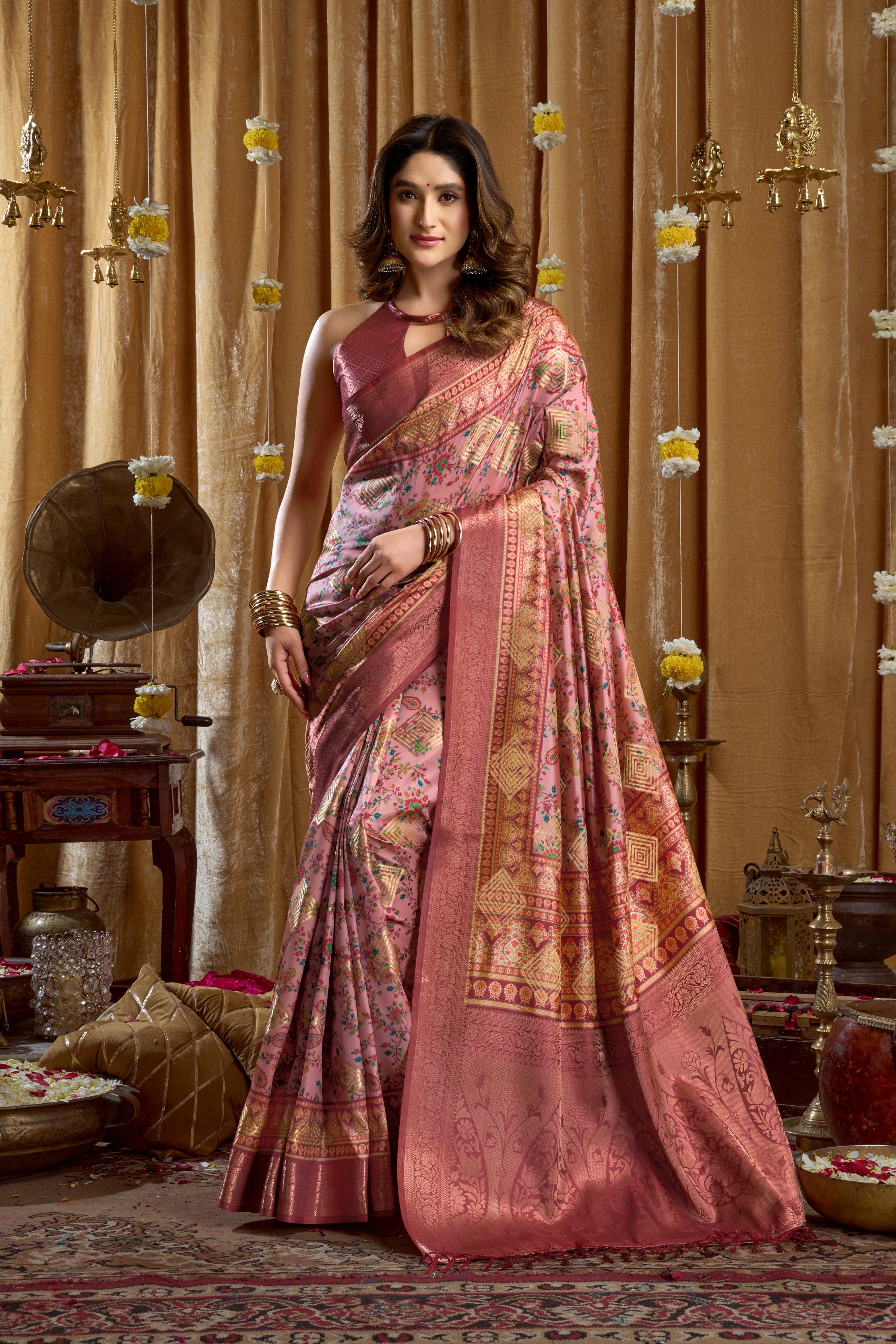 Pink Cluster Digital Printed Banarasi Saree