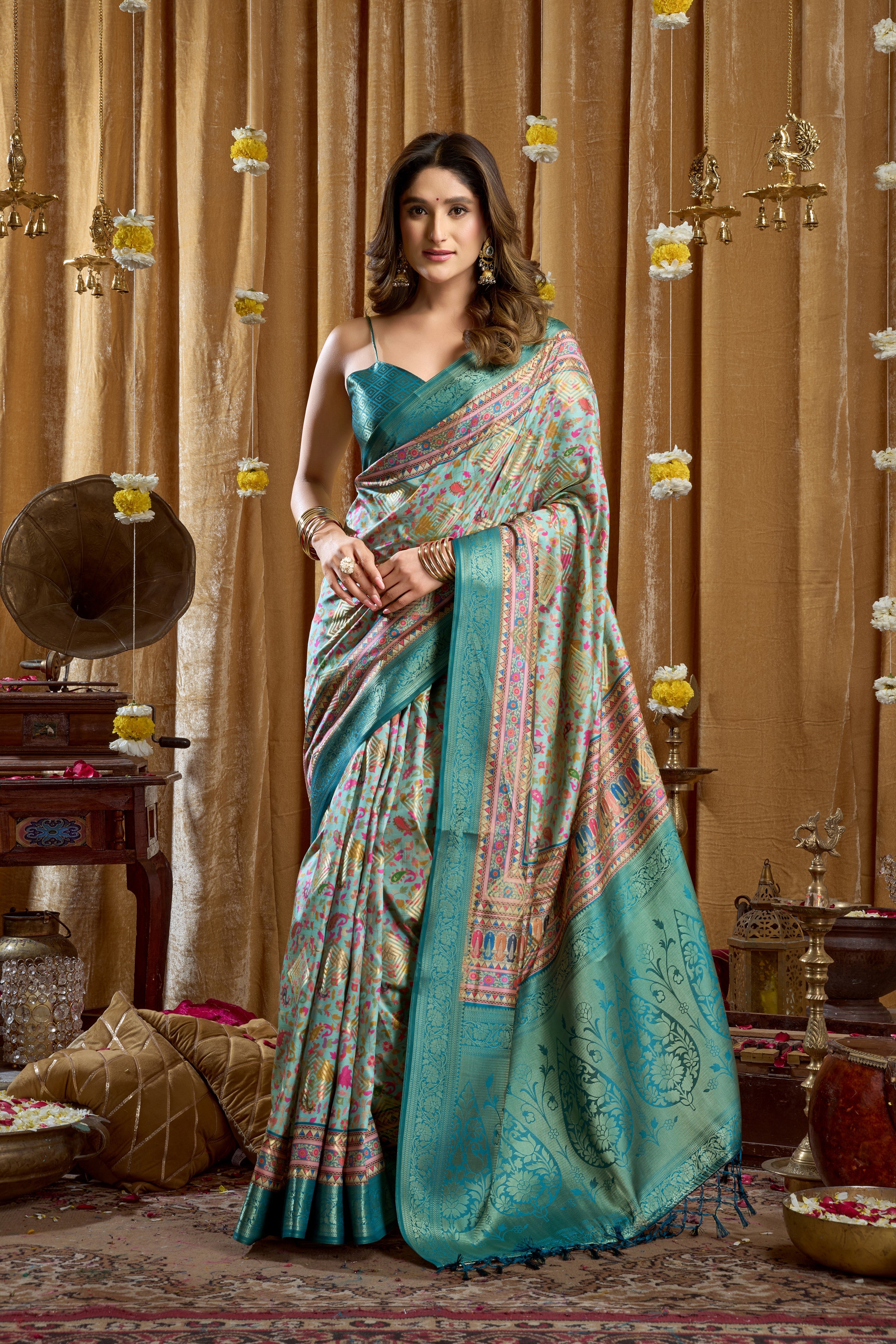 Blue Cluster Digital Printed Banarasi Saree