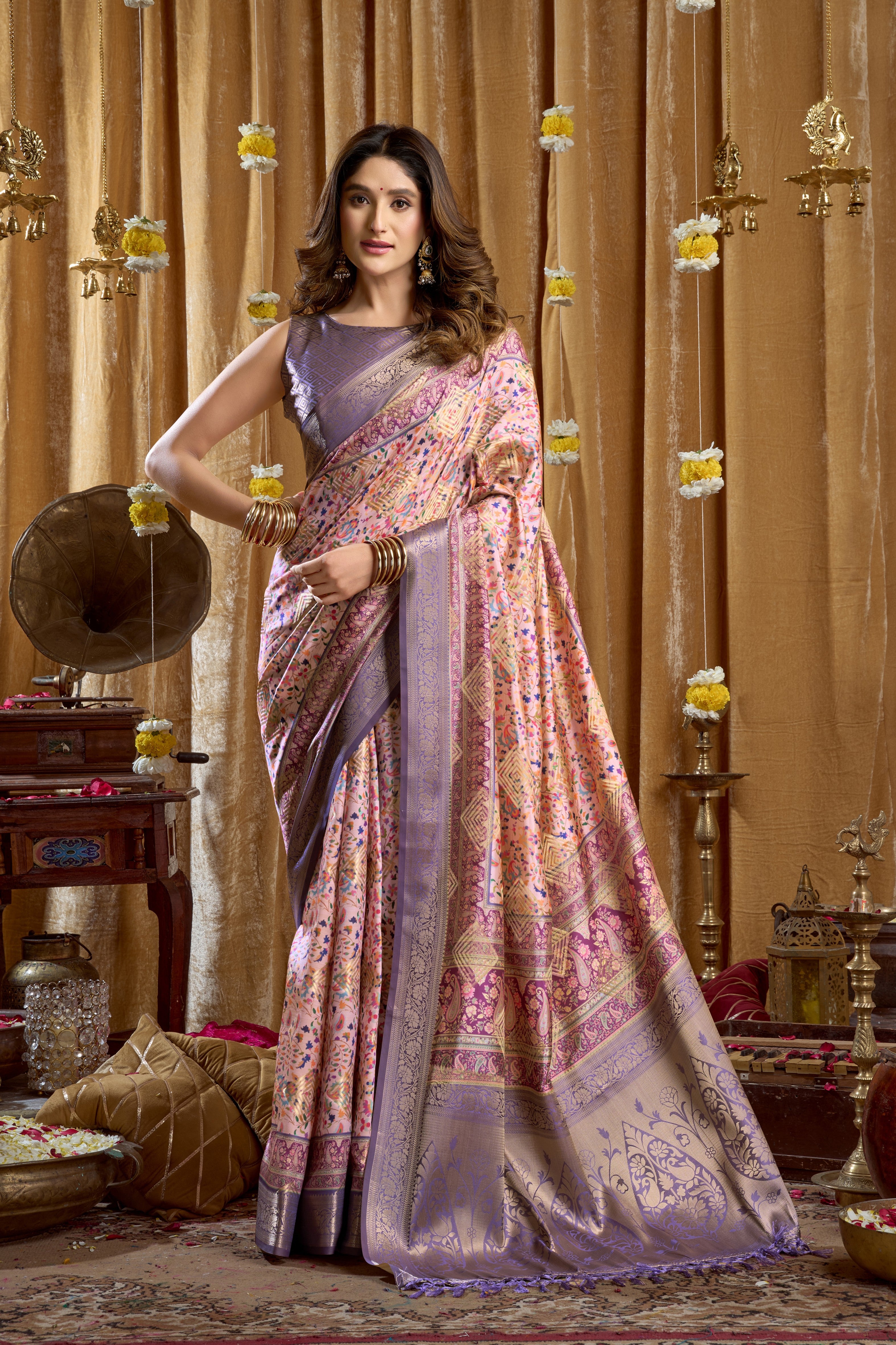 Purple Cluster Digital Printed Banarasi Saree