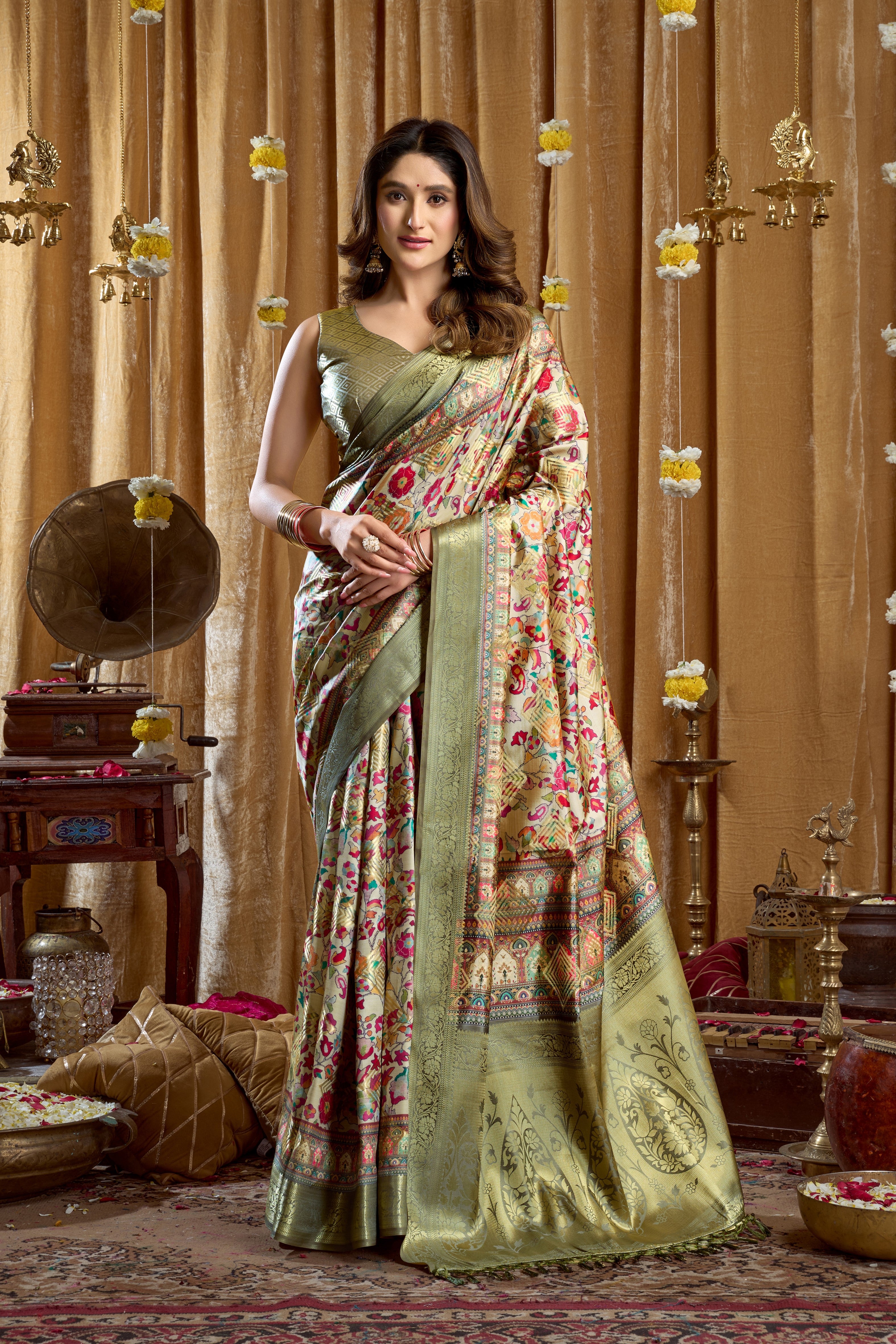 Mint Green Cluster Digital Printed Banarasi Saree
