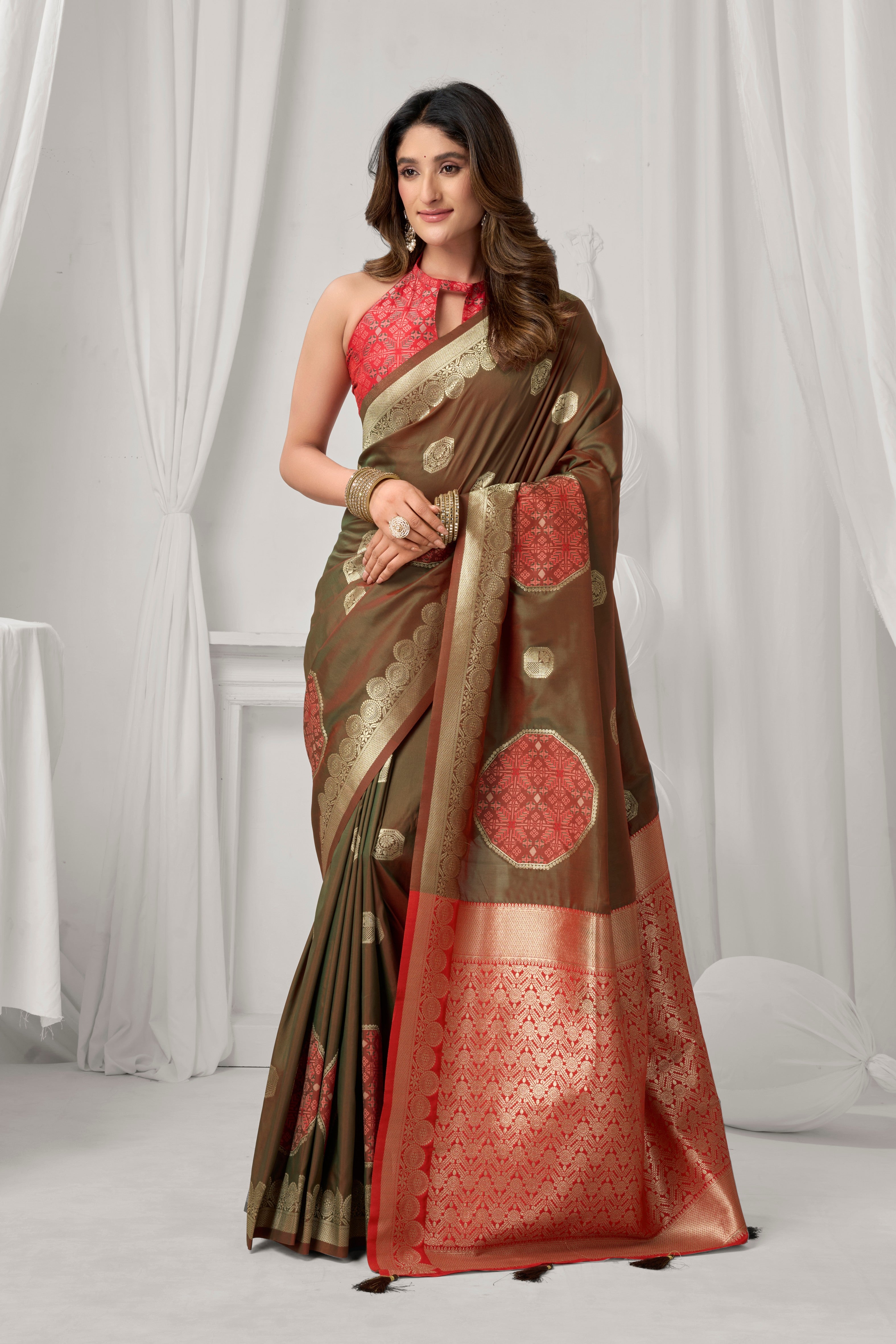 Brown Soft Silk Fancy Pumpum Saree