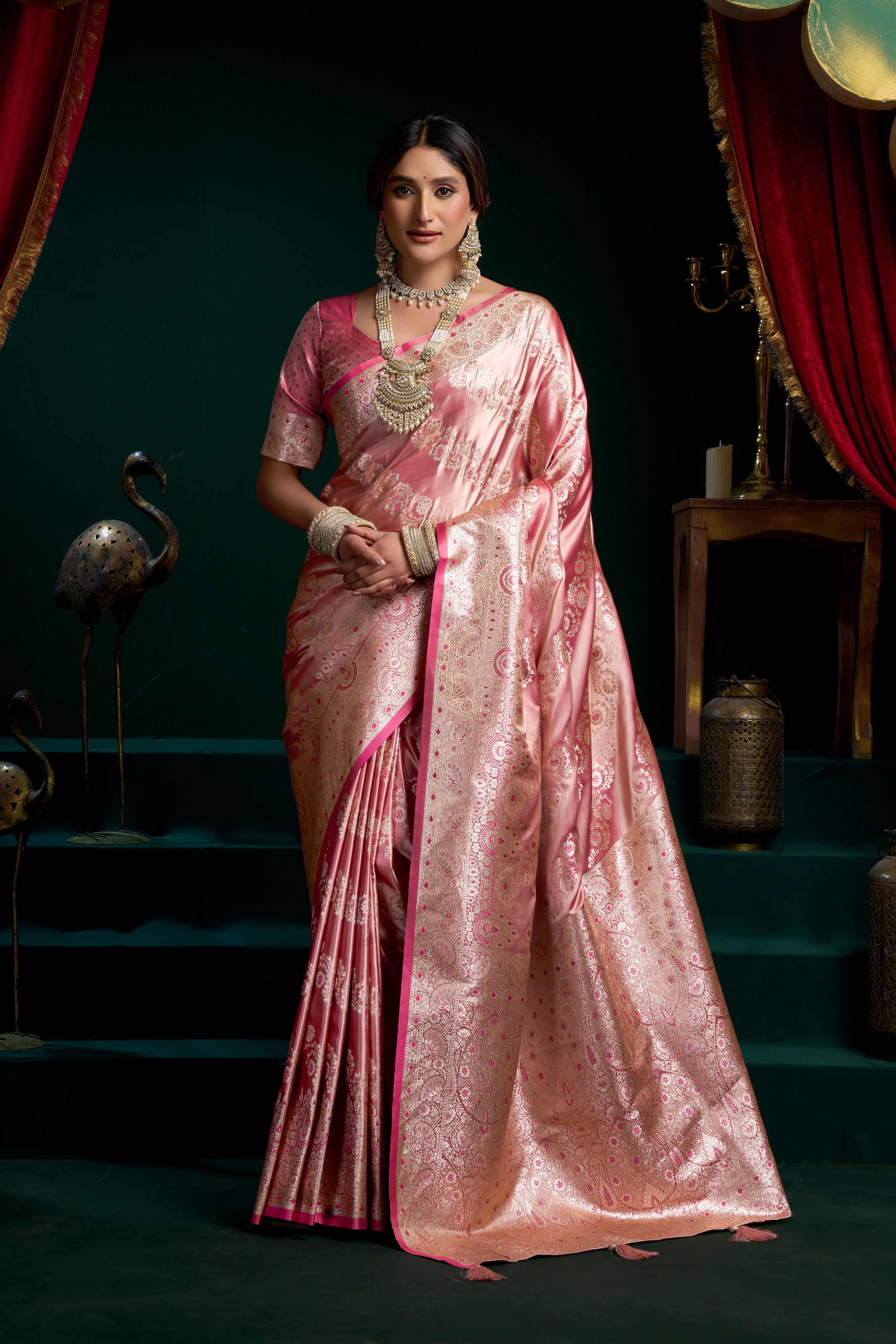 Mauve Pink Satin Silk Fancy Pumpum Saree