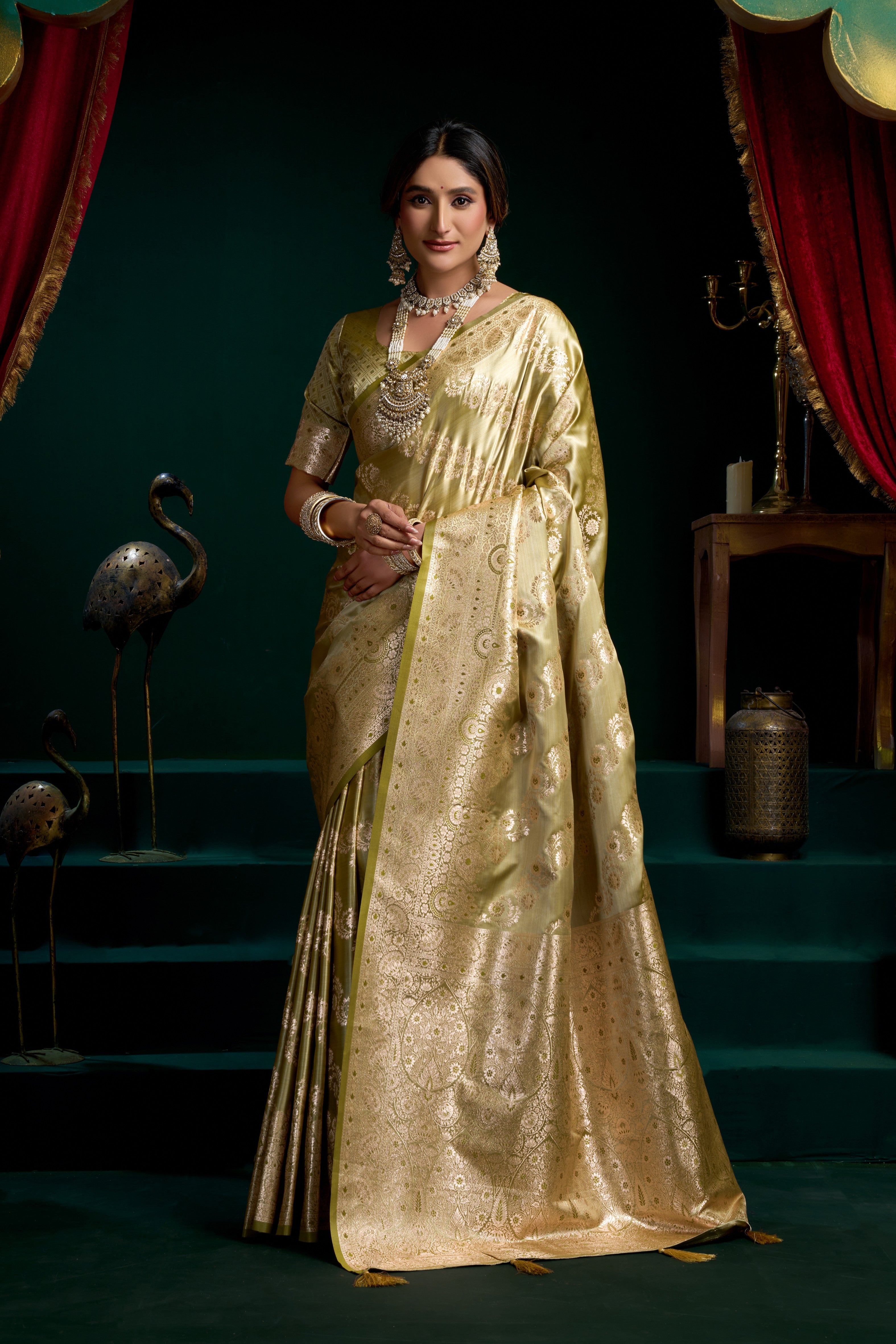 Green Satin Silk Fancy Pumpum Saree