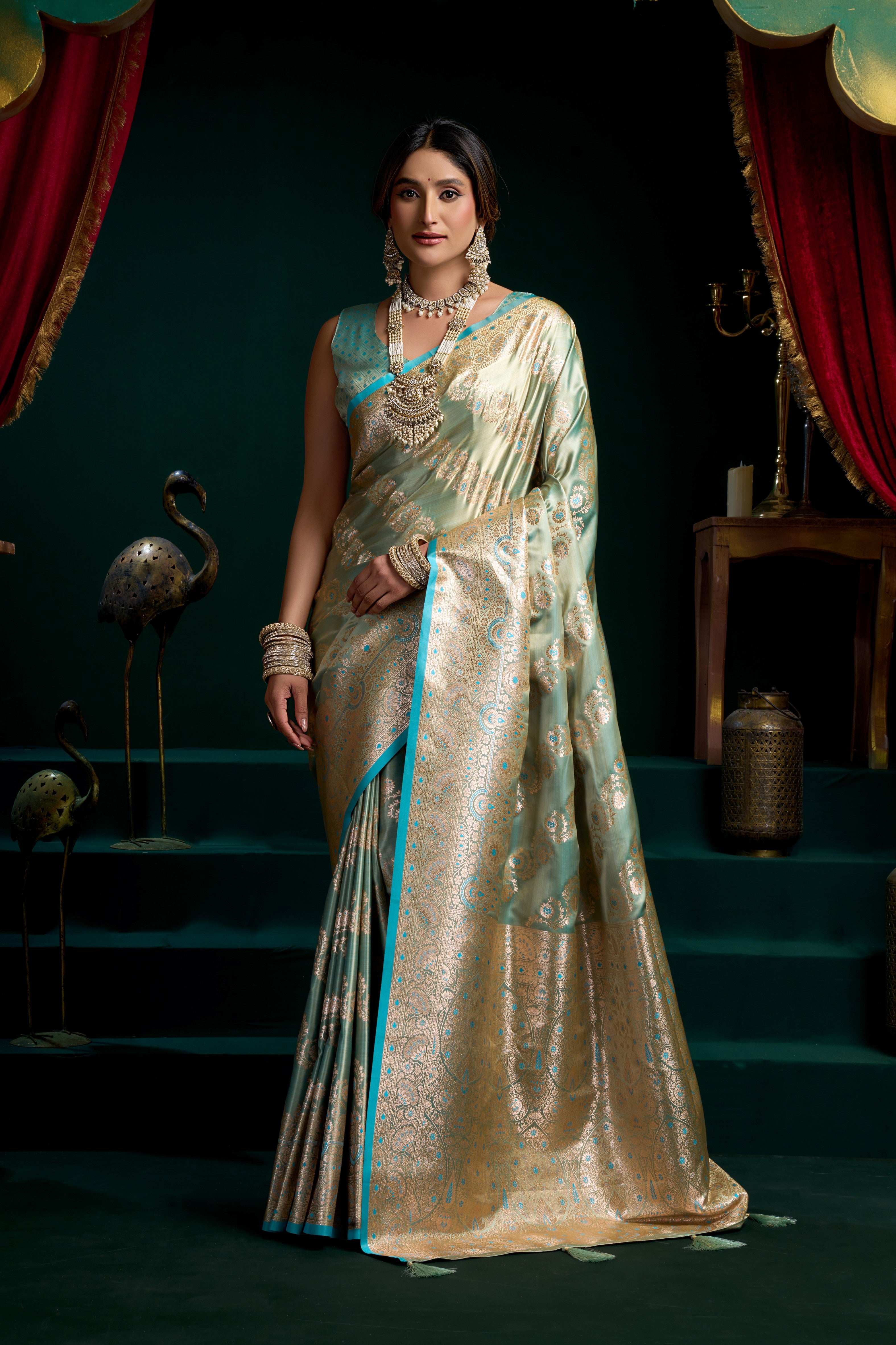 Sky Blue Satin Silk Fancy Pumpum Saree