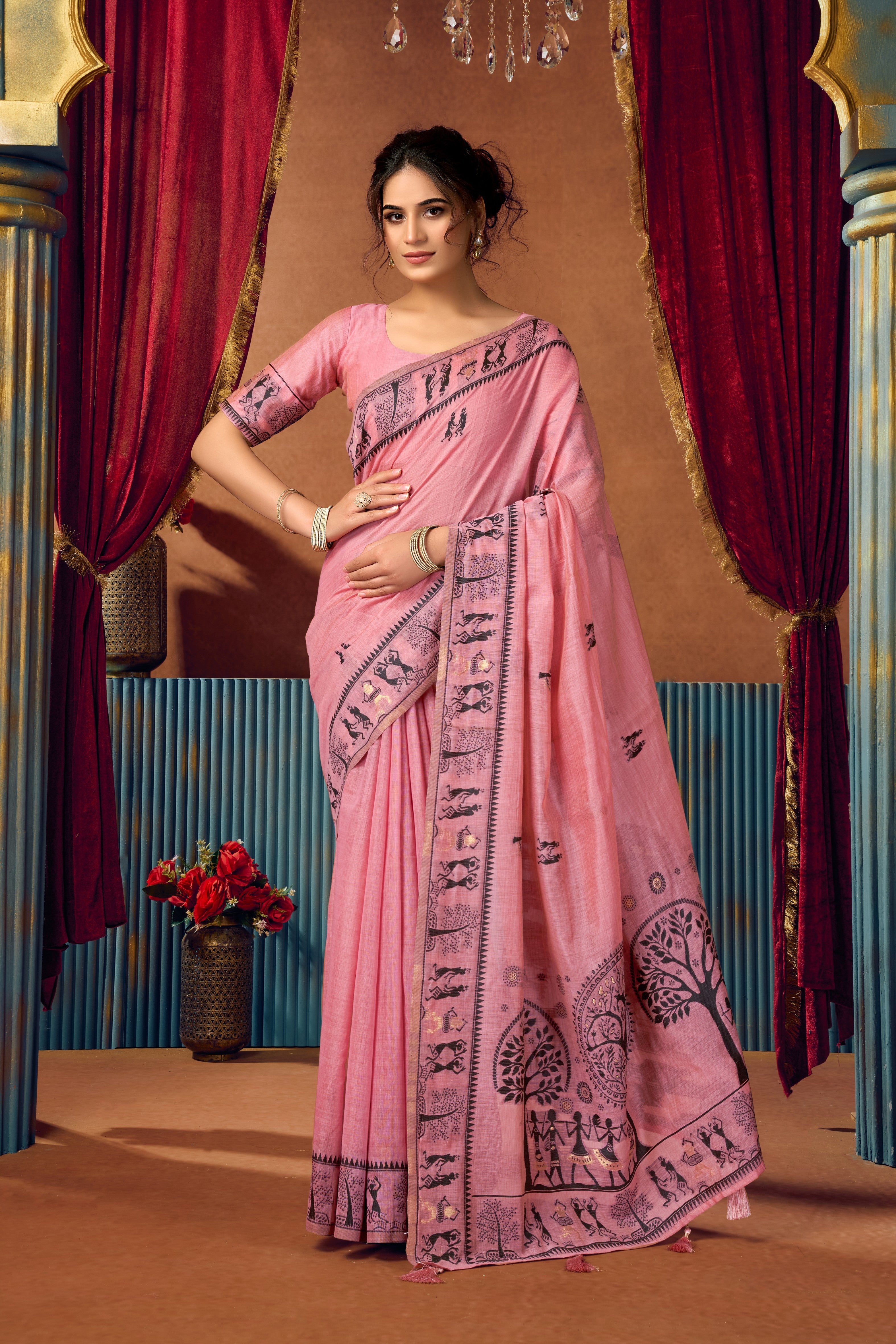 Pink Modal Warli Printed Saree