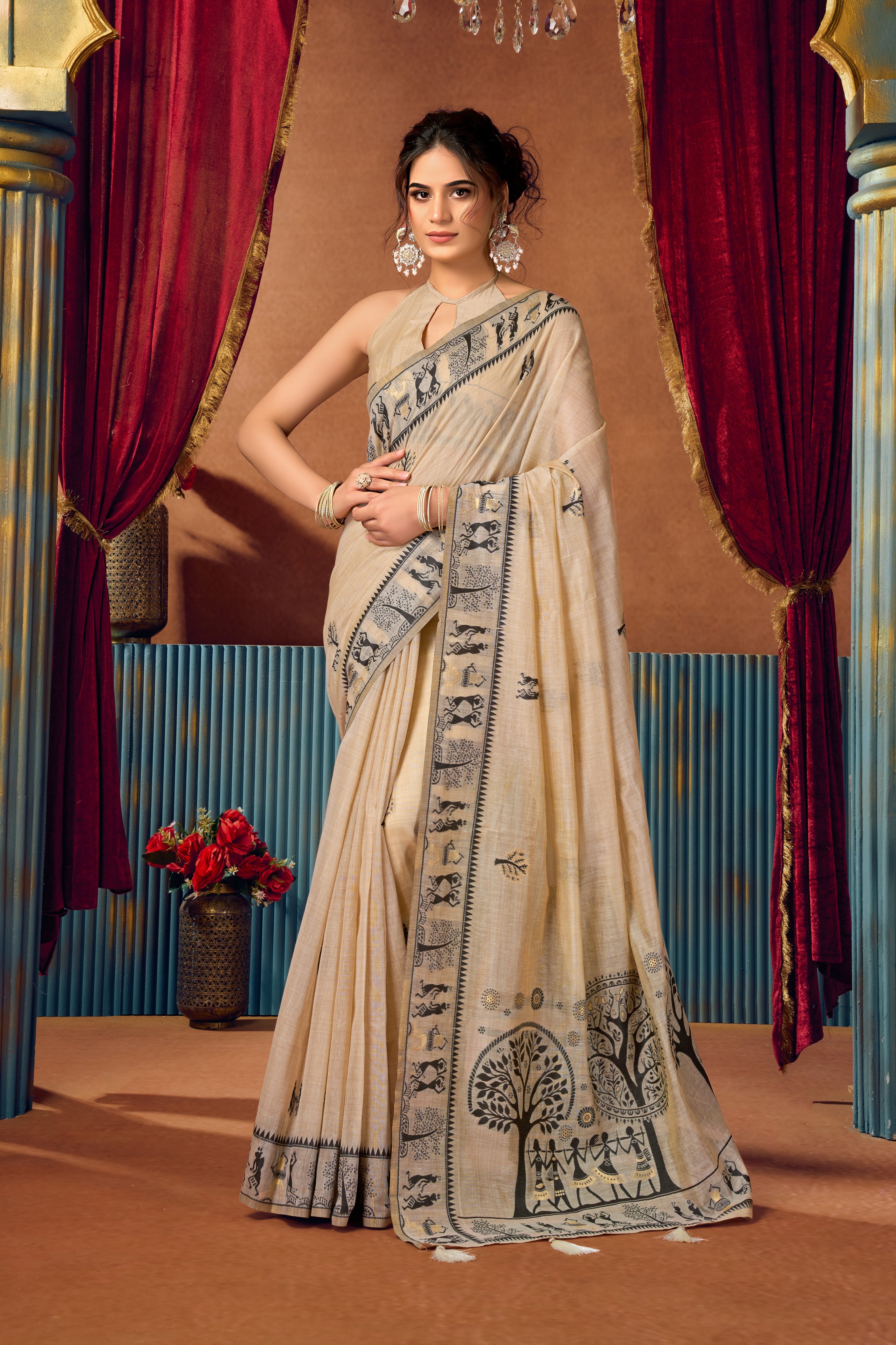 Beige Modal Warli Printed Saree