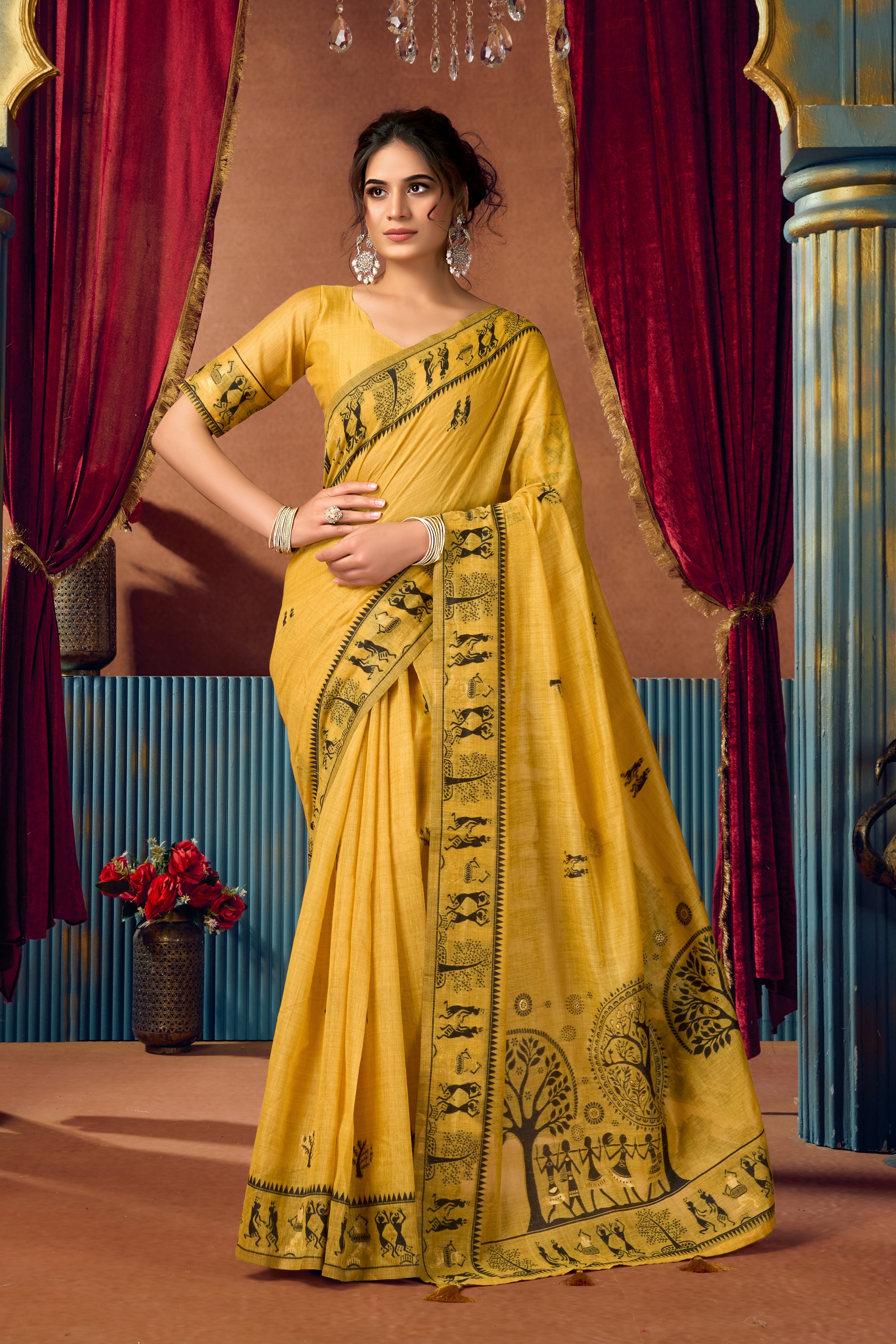 Mustard Modal Warli Printed Saree