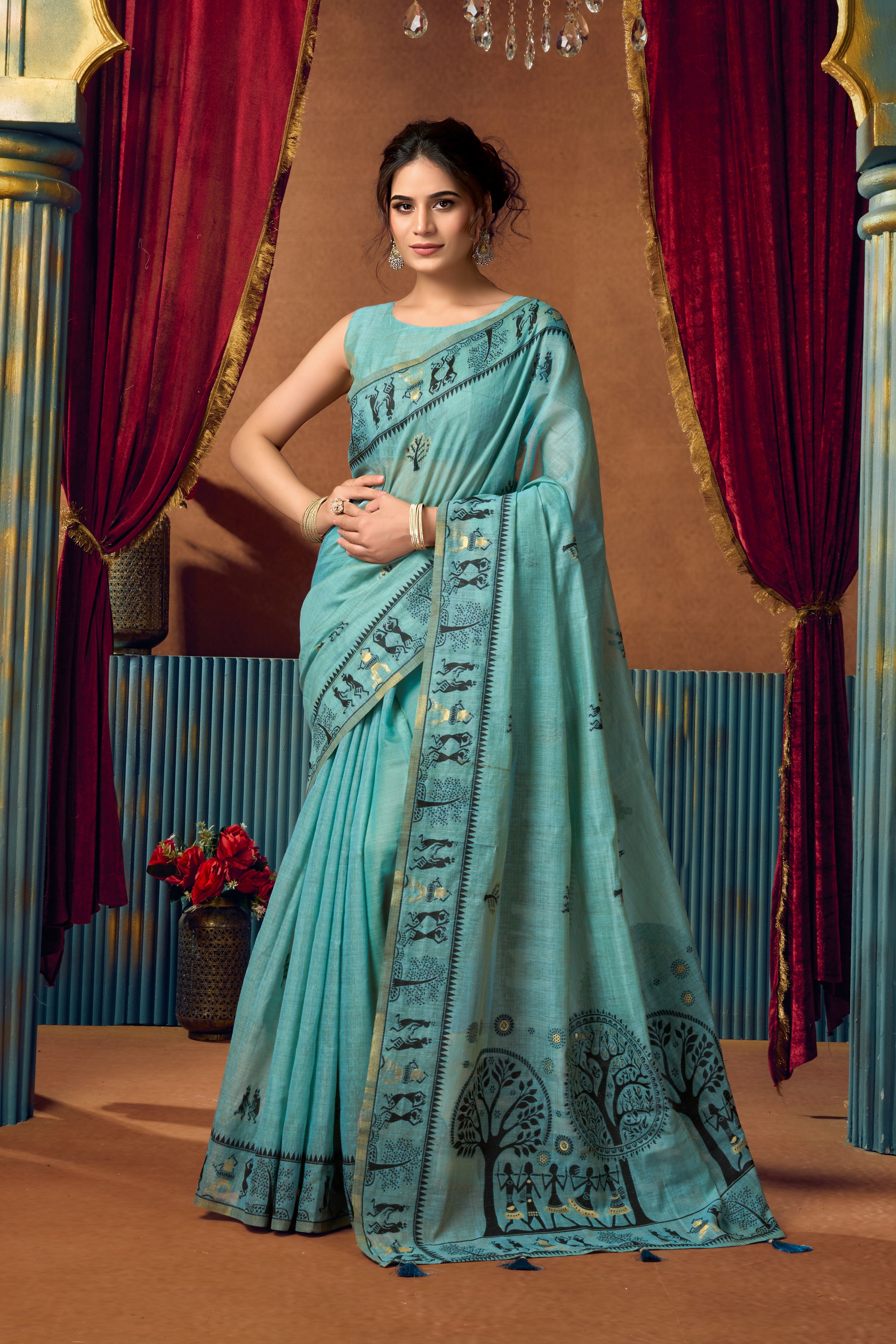 Sky Blue Modal Warli Printed Saree