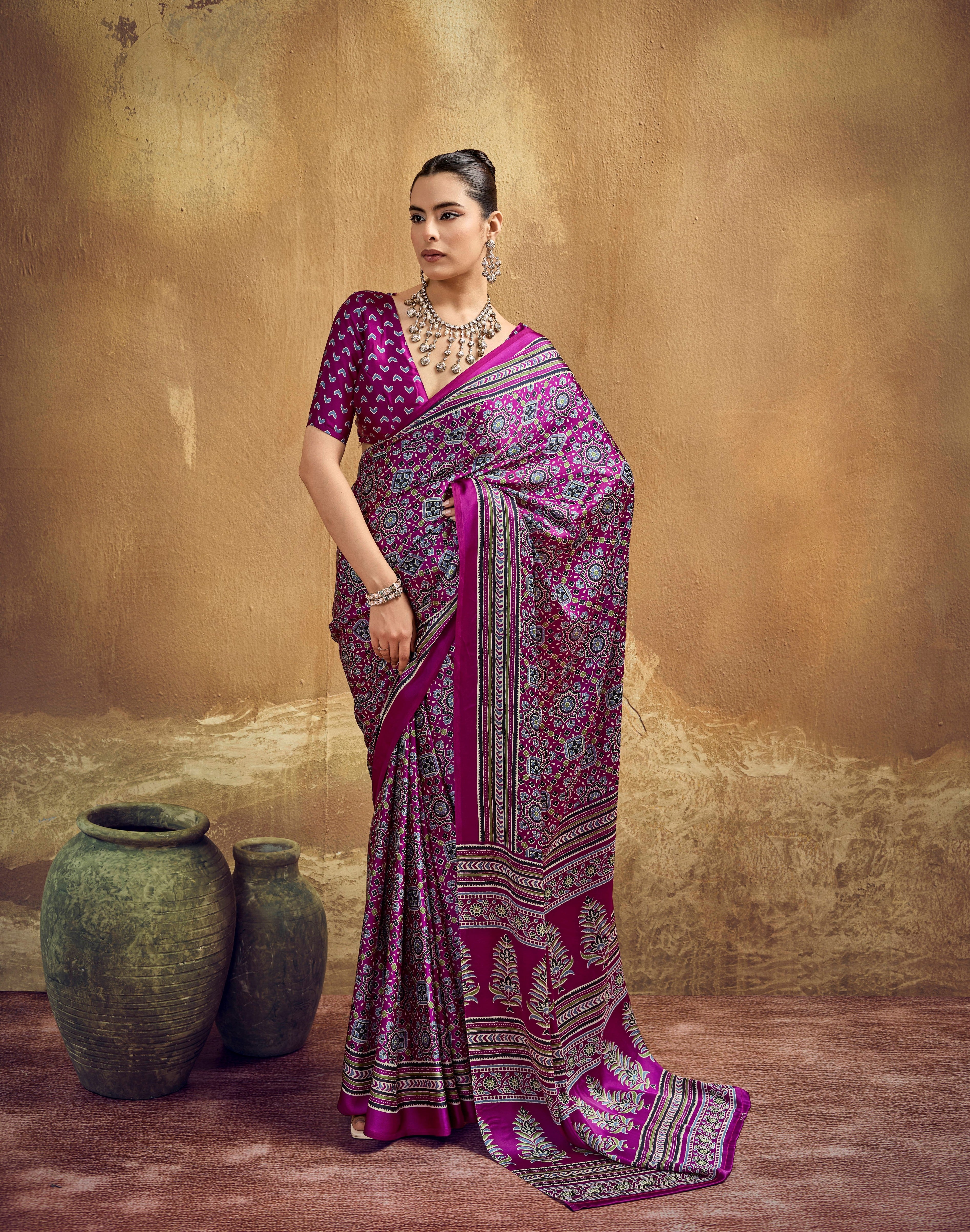 Magenta Modal Satin Ajrakh Print Saree