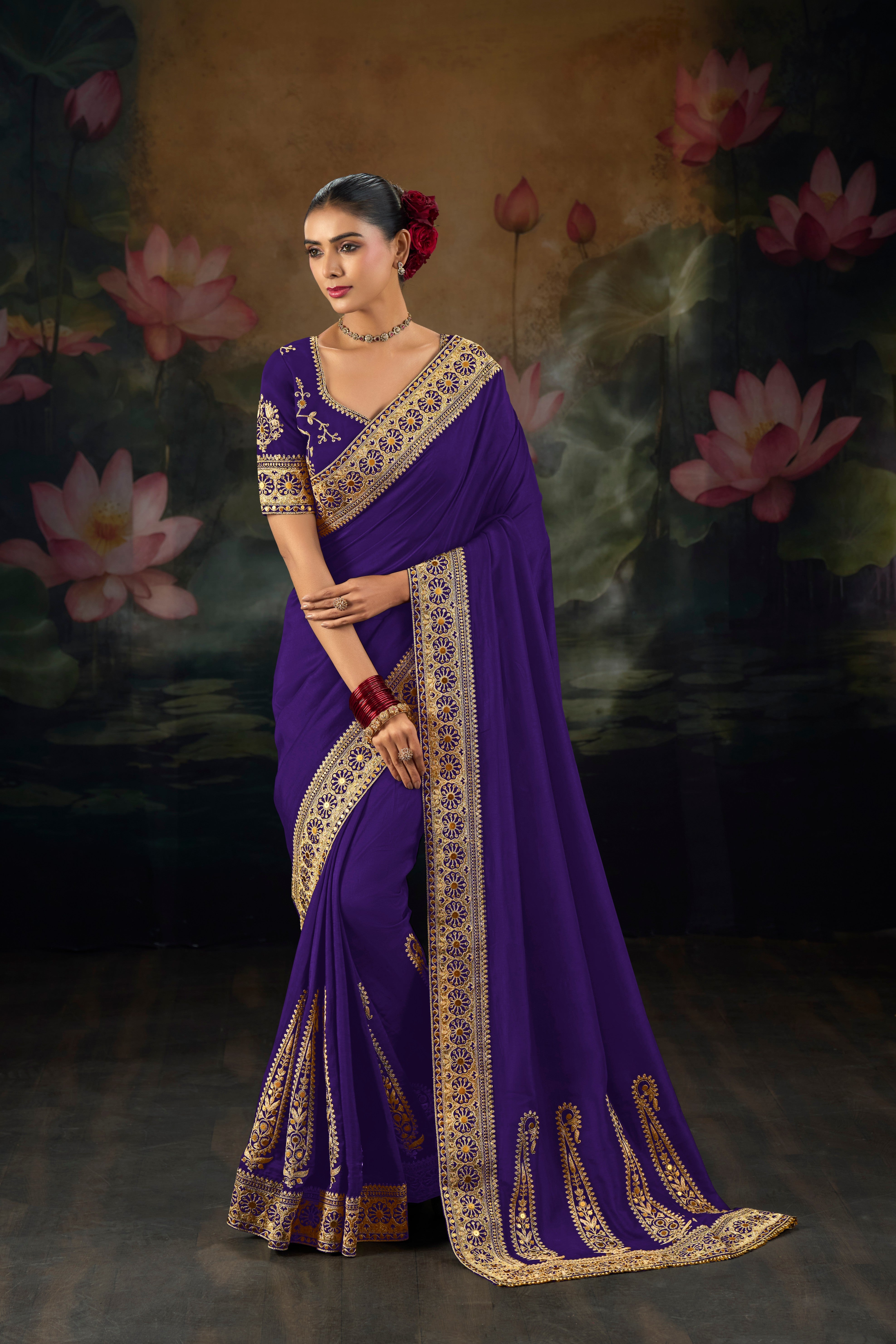 Purple Pure Muga Silk Zari Heavy Work Saree