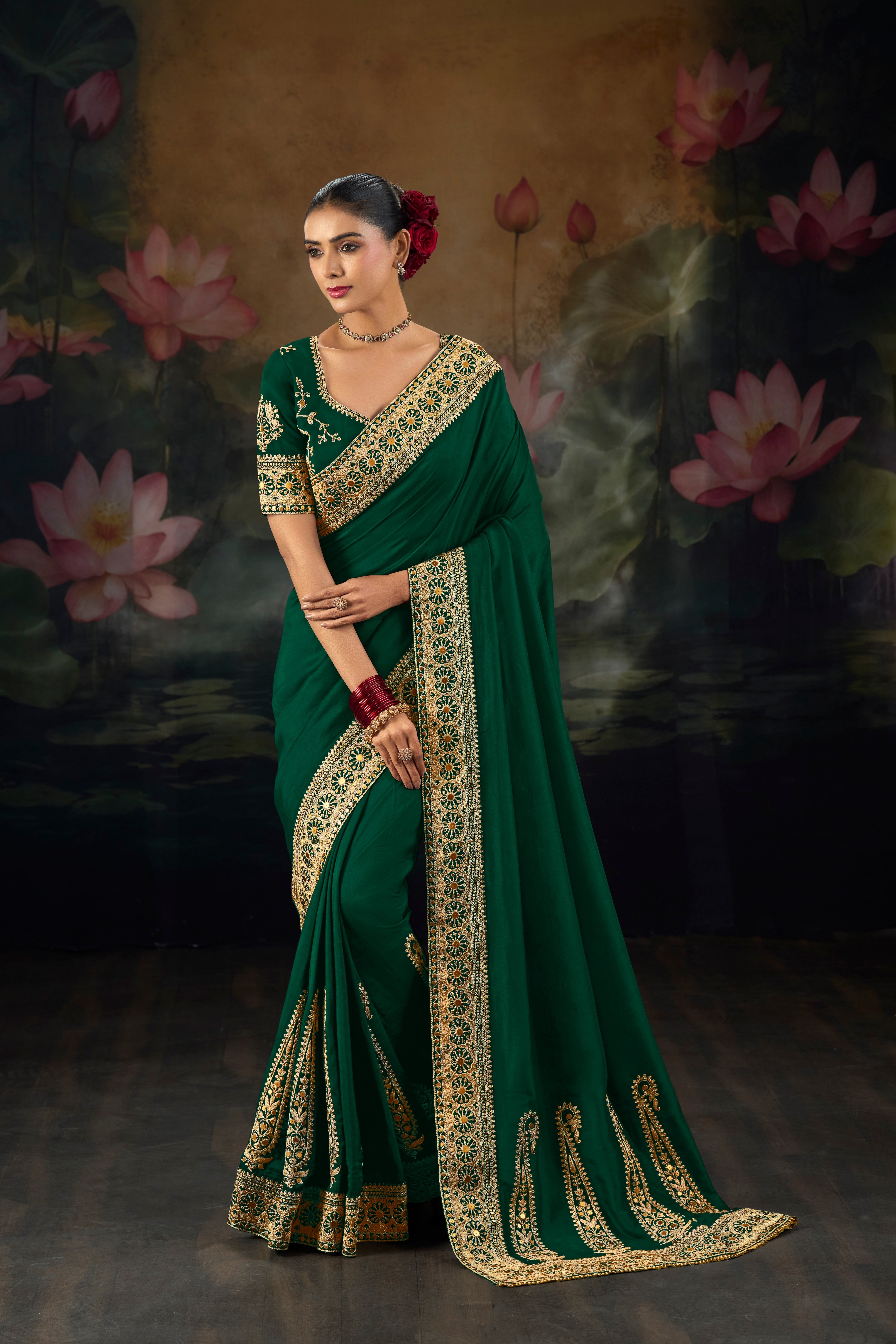 Green Pure Muga Silk Zari Heavy Work Saree