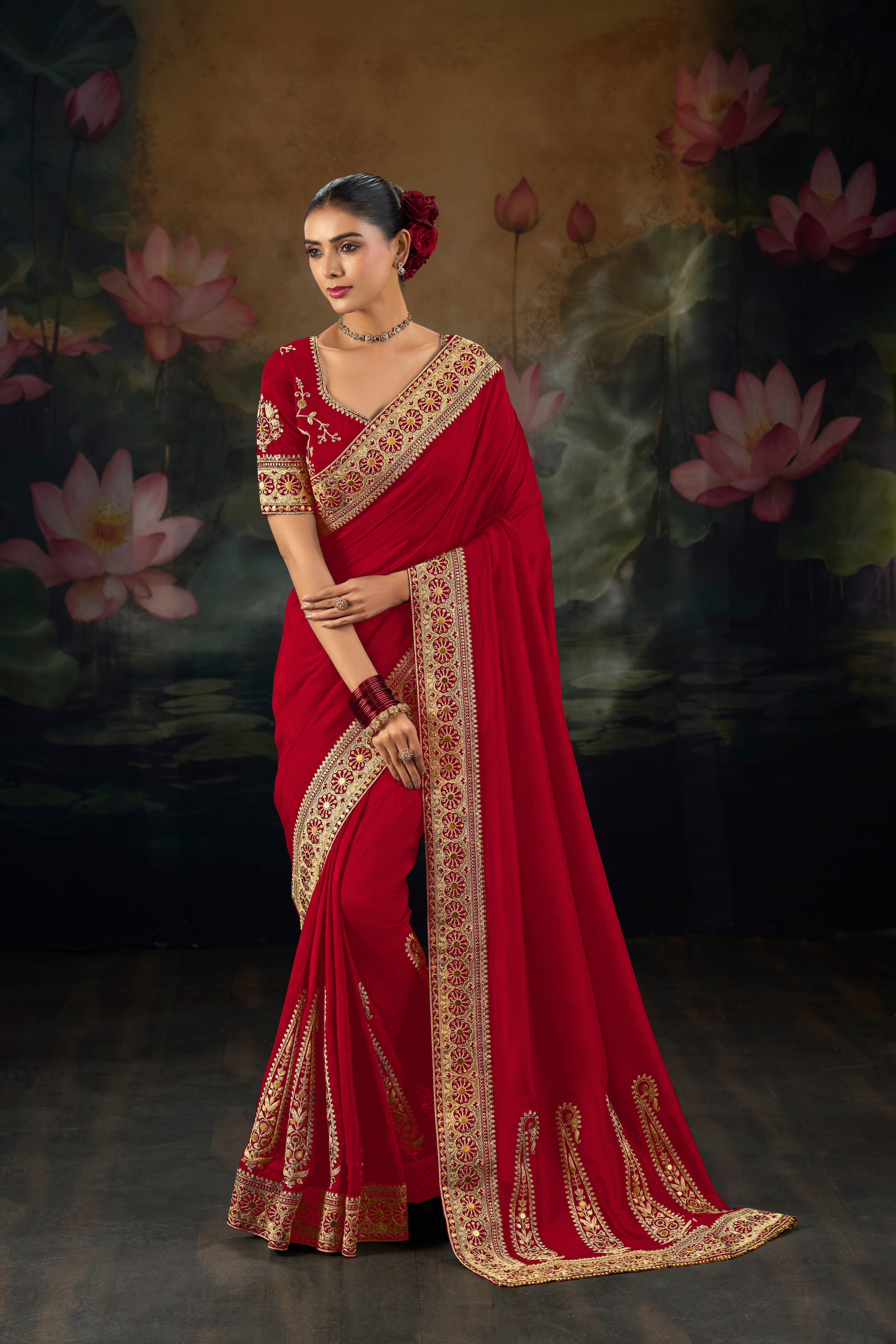 Red Pure Muga Silk Zari Heavy Work Saree