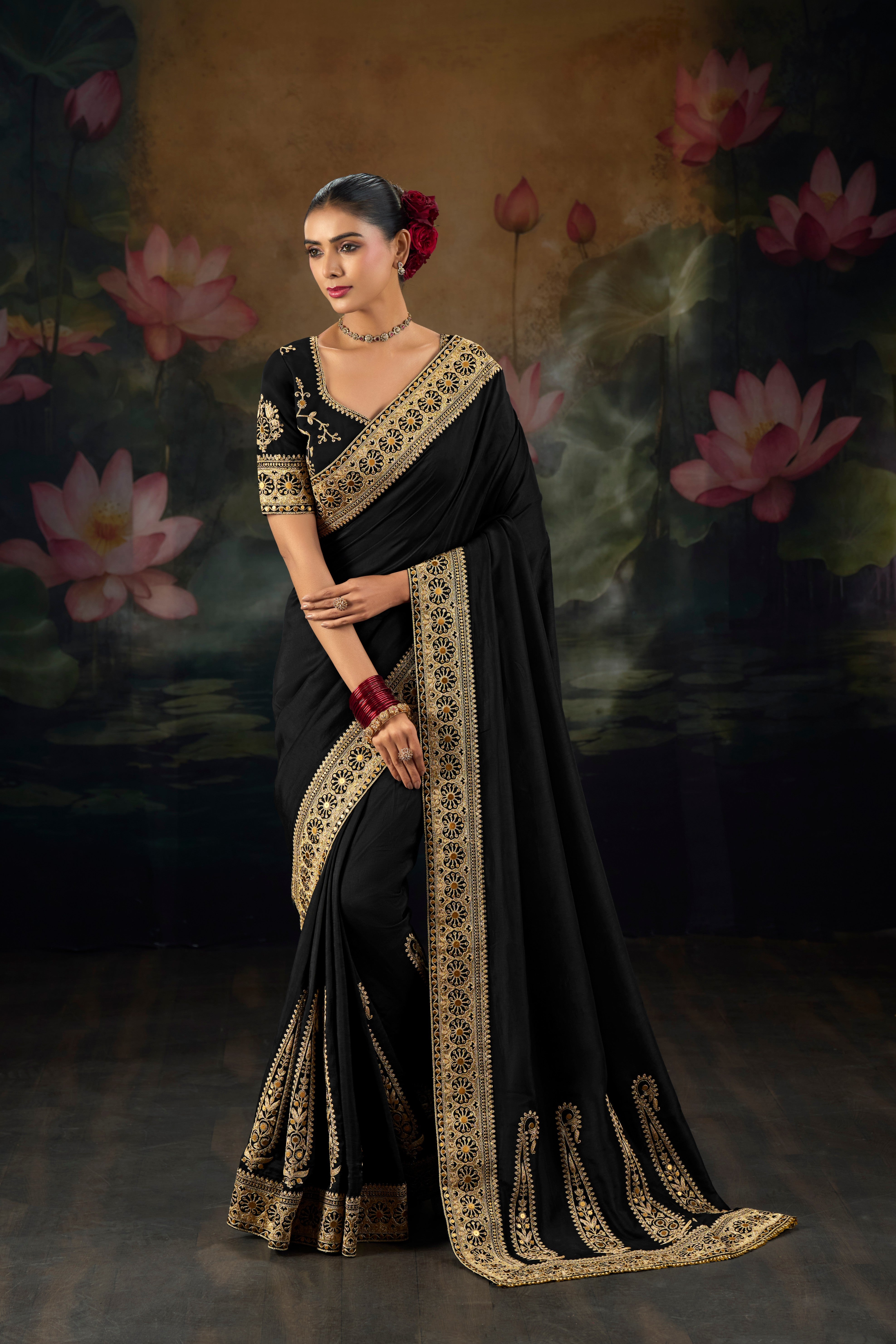 Black Pure Muga Silk Zari Heavy Work Saree