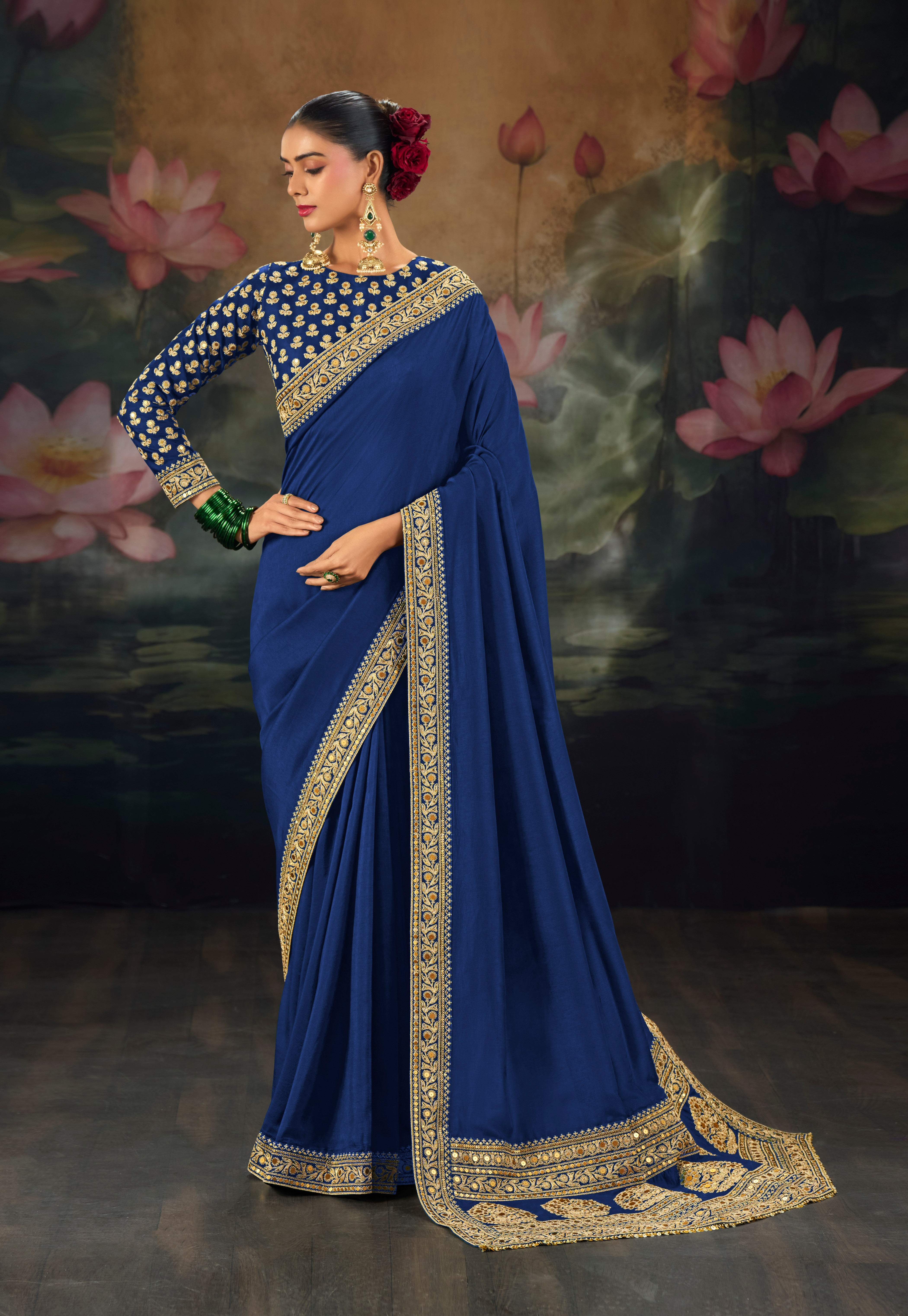 Navy Blue Pure Muga Silk Sequence Work Saree