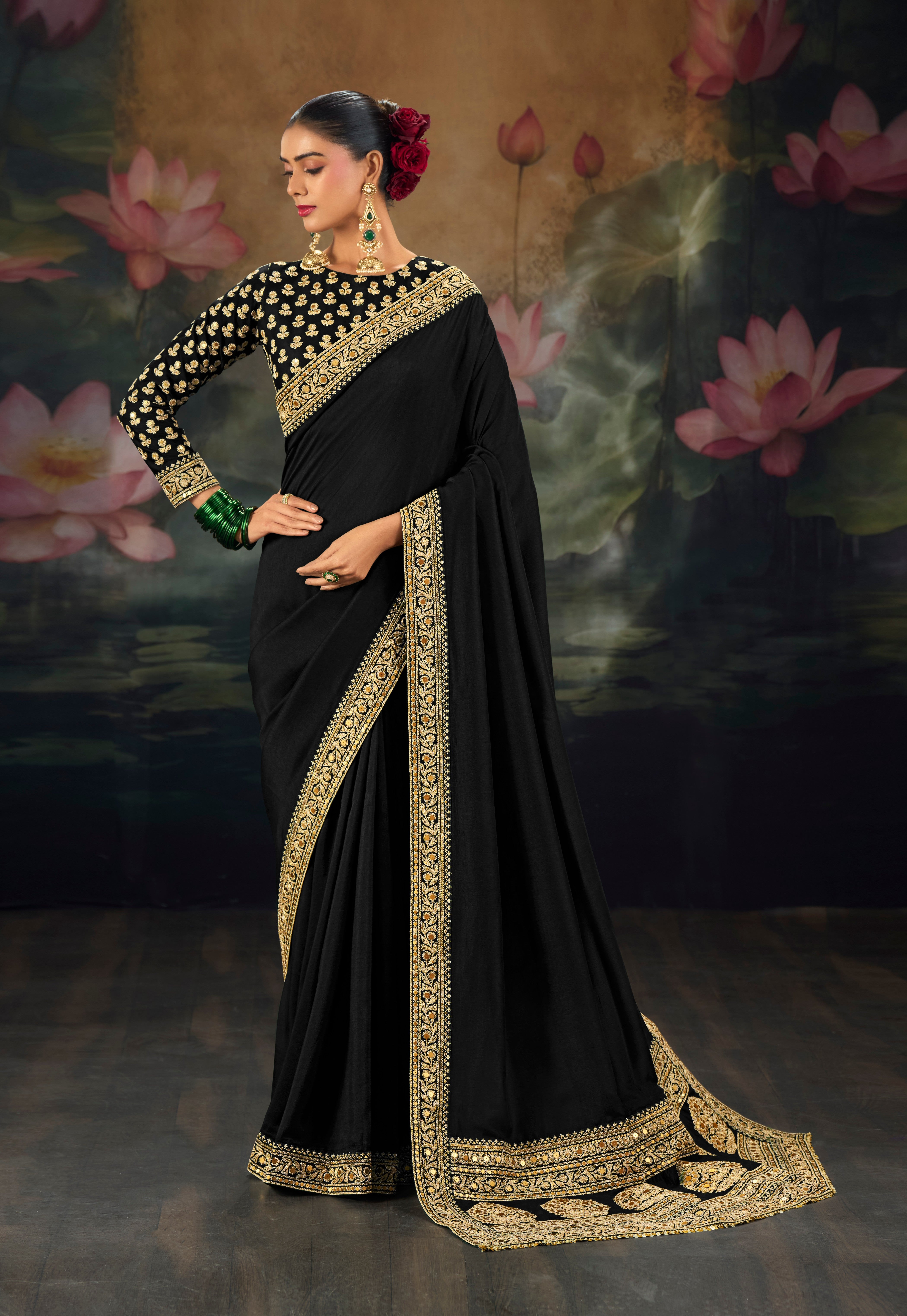 Black Pure Muga Silk Sequence Work Saree