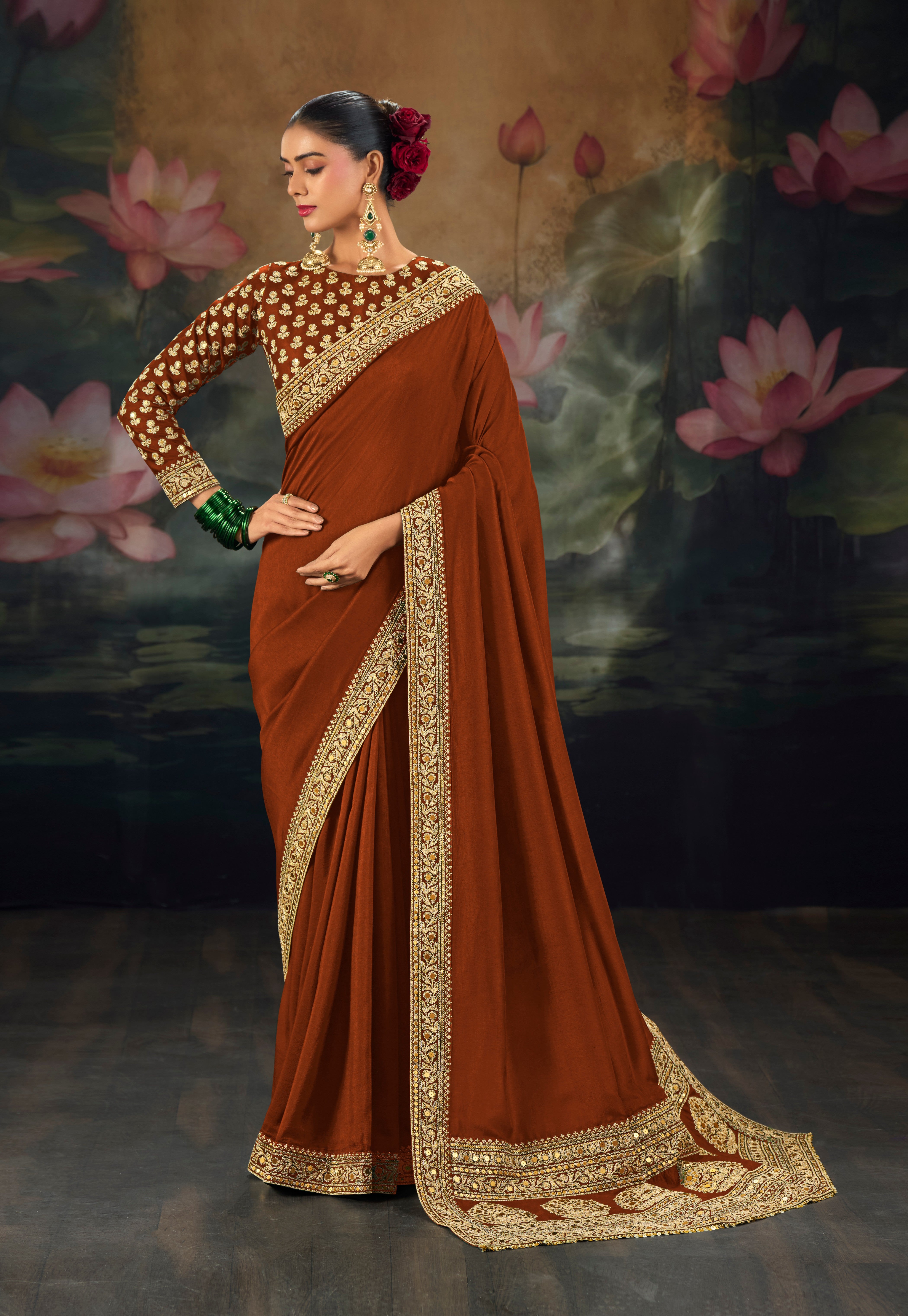 Brown Pure Muga Silk Sequence Work Saree