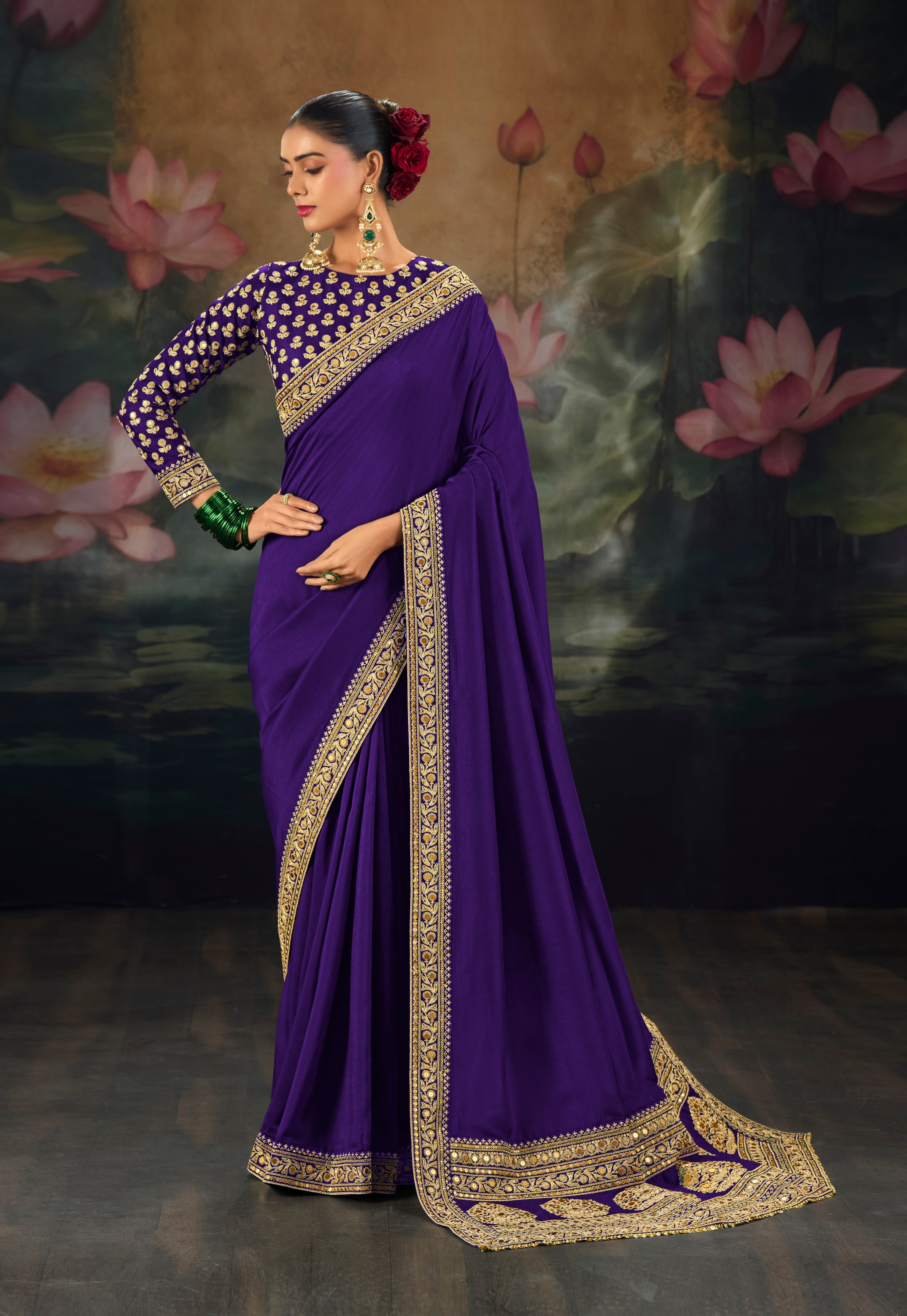 Purple Pure Muga Silk Sequence Work Saree