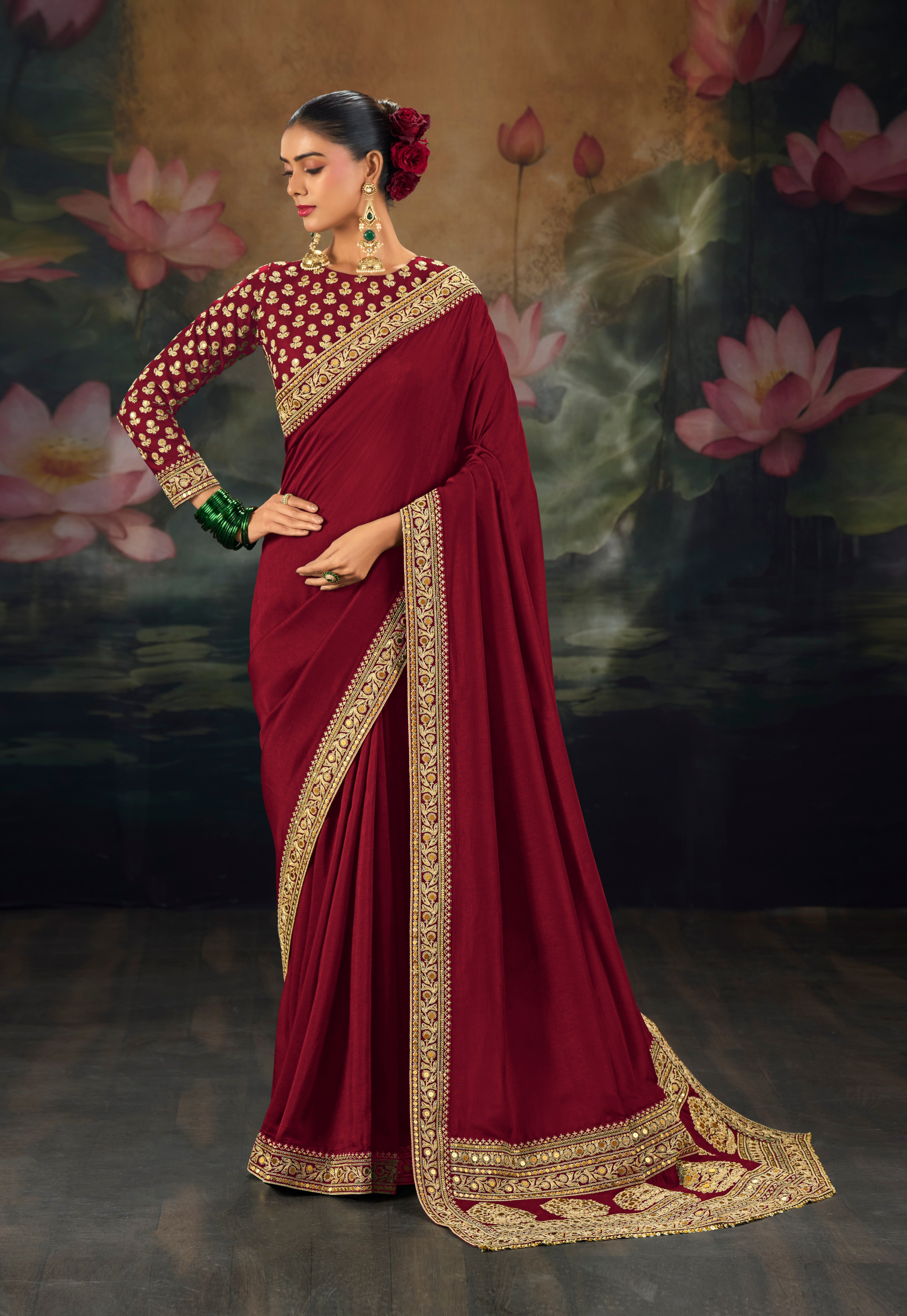 Maroon Pure Muga Silk Sequence Work Saree