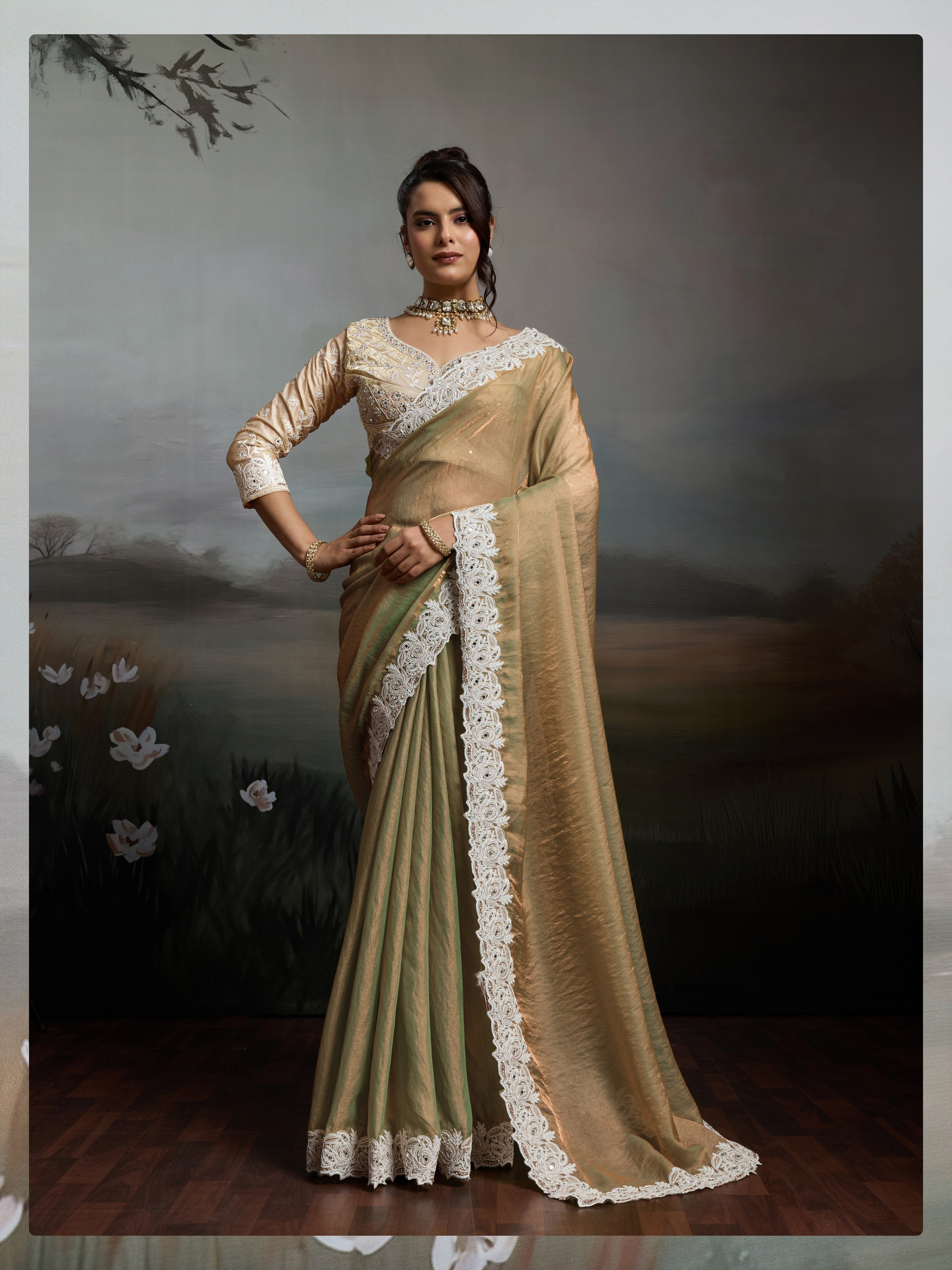 Dark Beige Satin Velvet Ivory Embroidery Saree