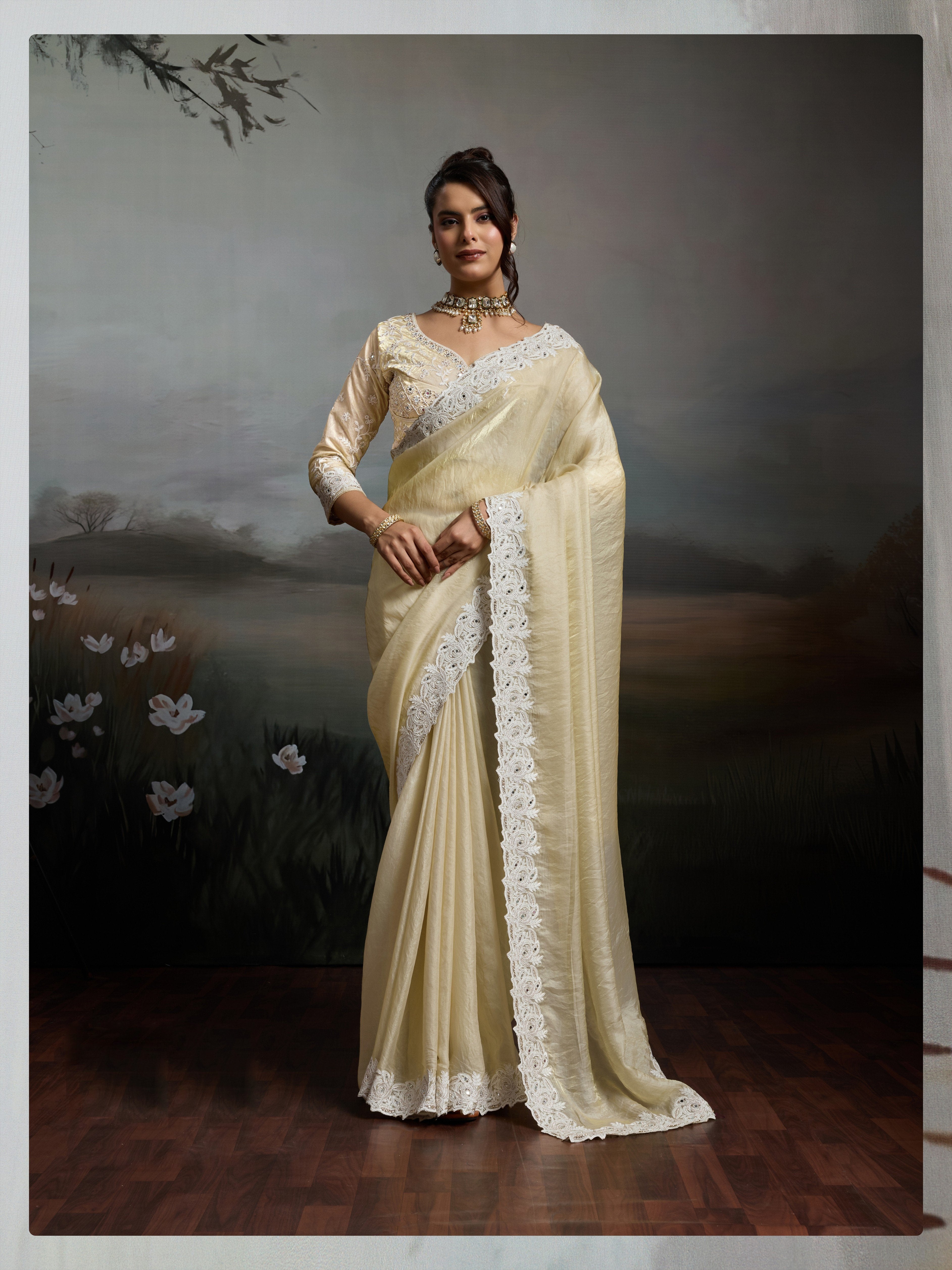 Cream Satin Velvet Ivory Embroidery Saree