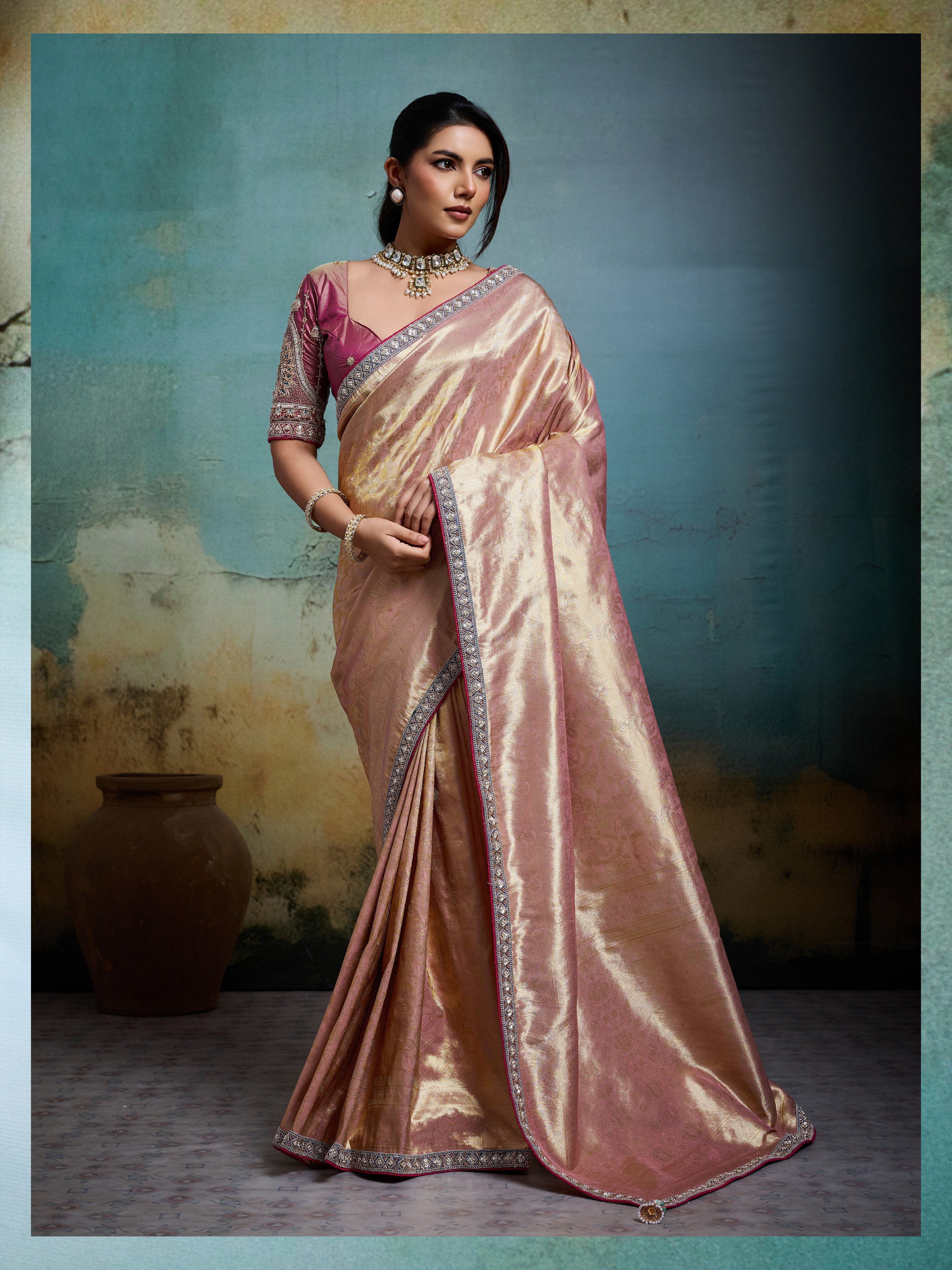 Peach Woven Tissue Banarasi Saree
