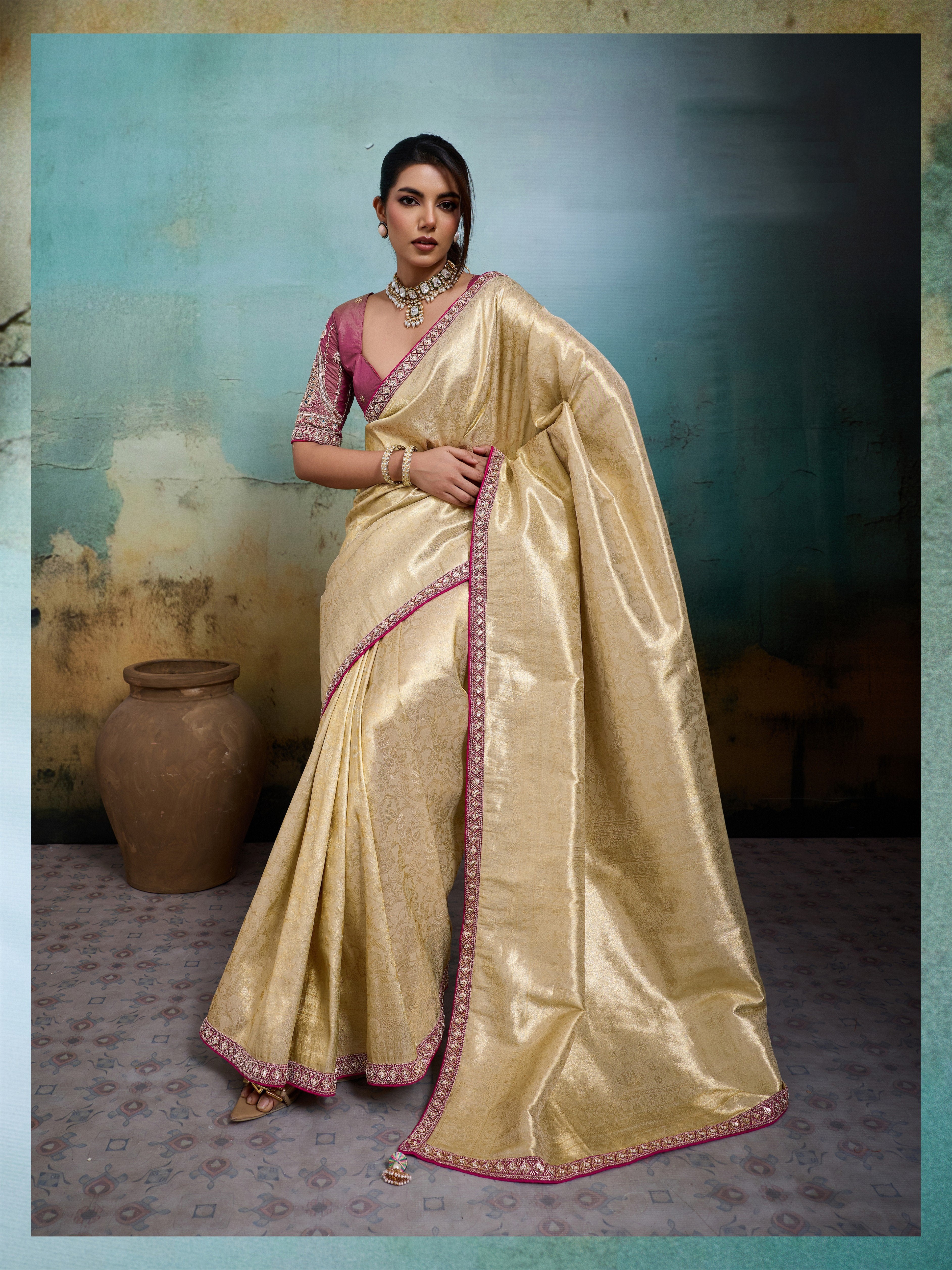 Cream Beige Woven Tissue Banarasi Saree
