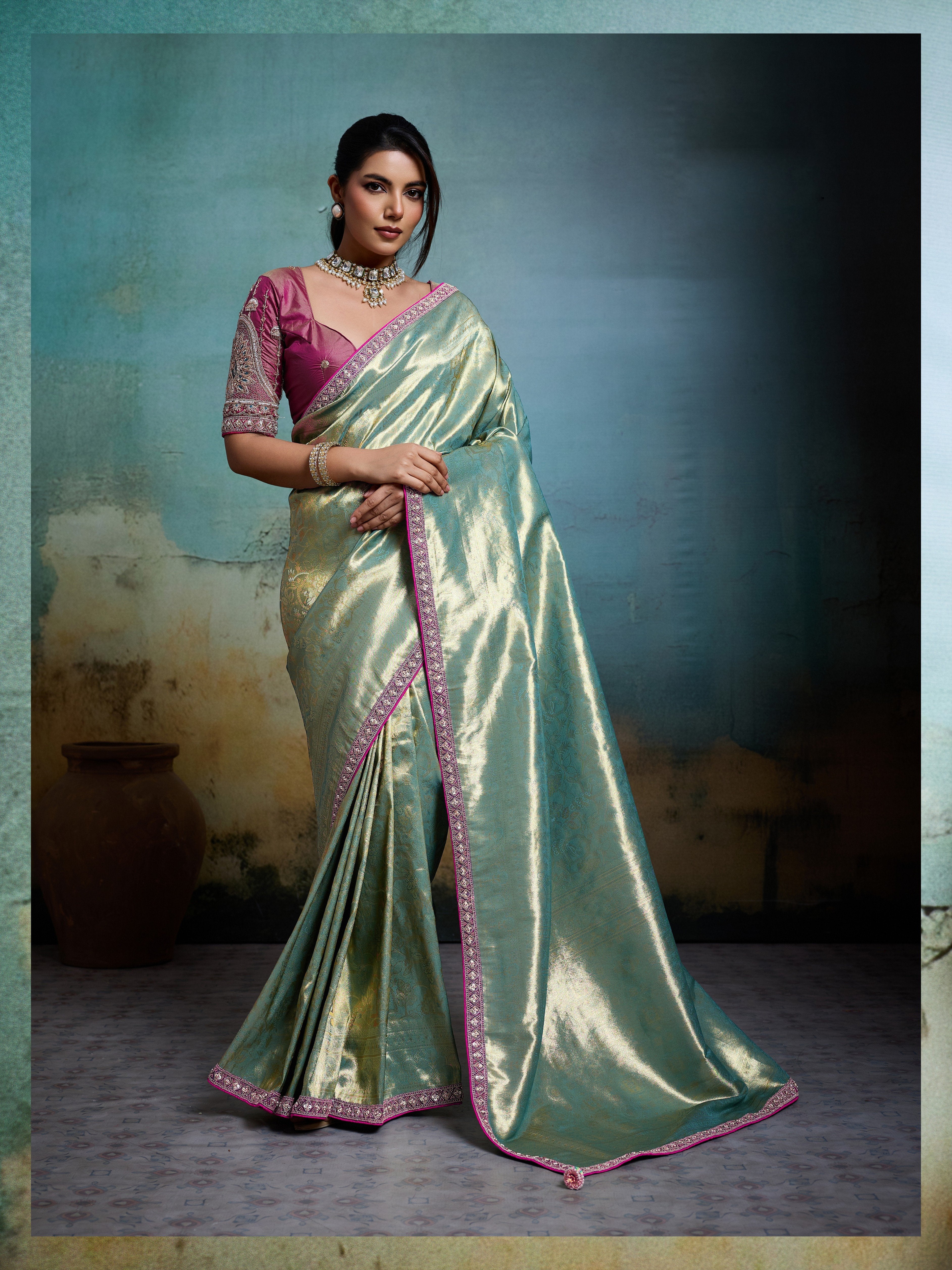 Pista Green Woven Tissue Banarasi Saree