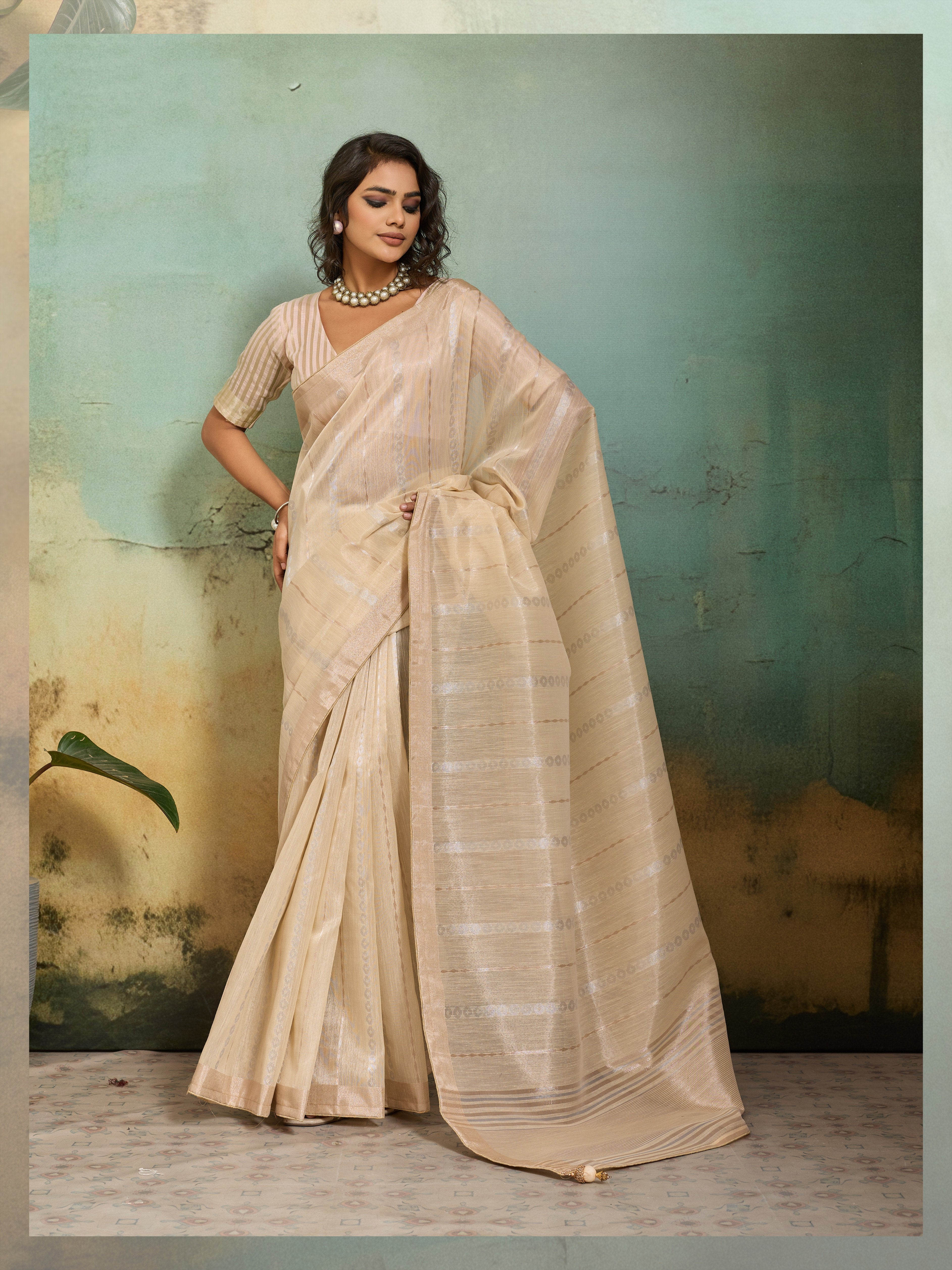 Beige Tissue Linen Blend Saree