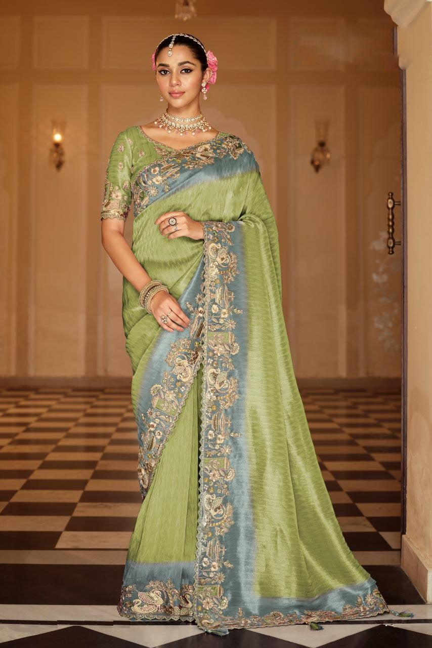 Pista Soft Silk Khatli Work Saree