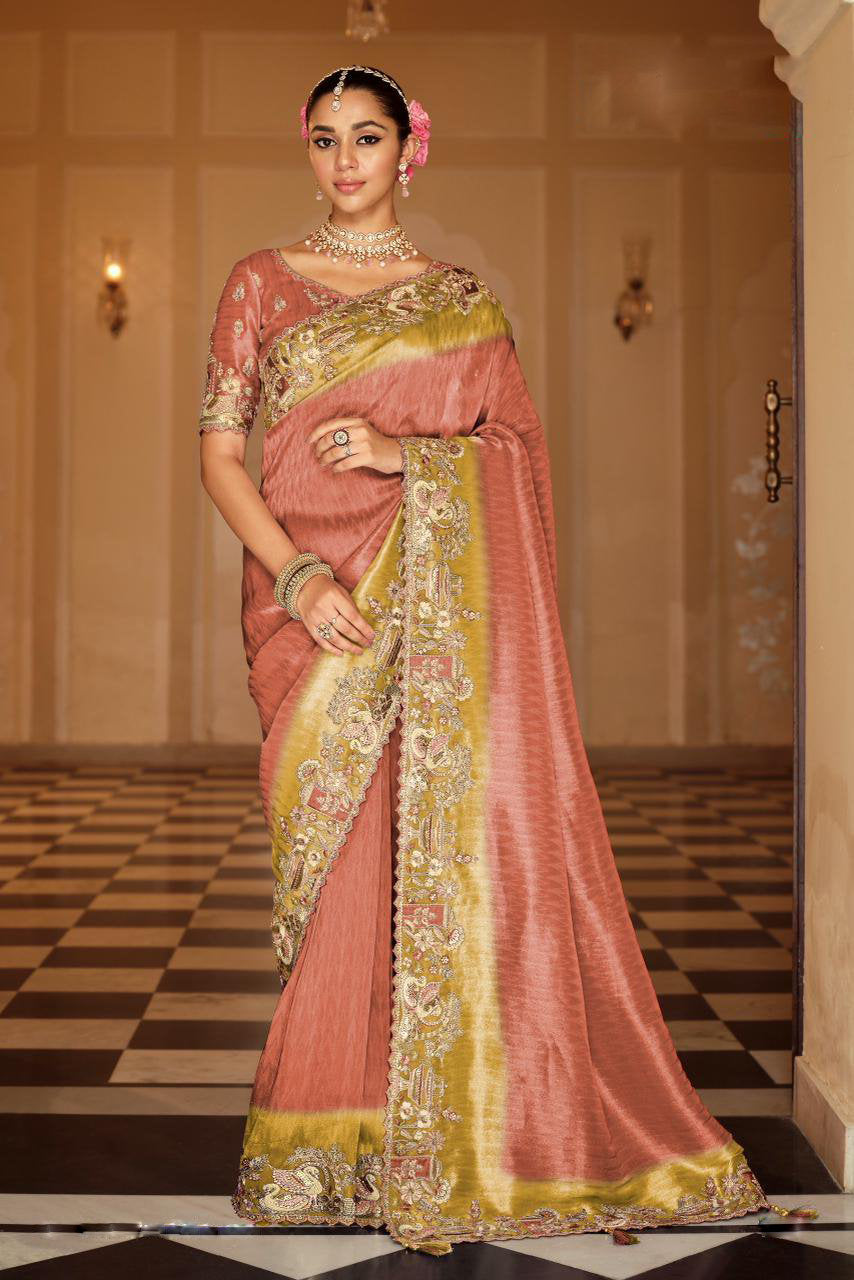 Peach Soft Silk Khatli Work Saree