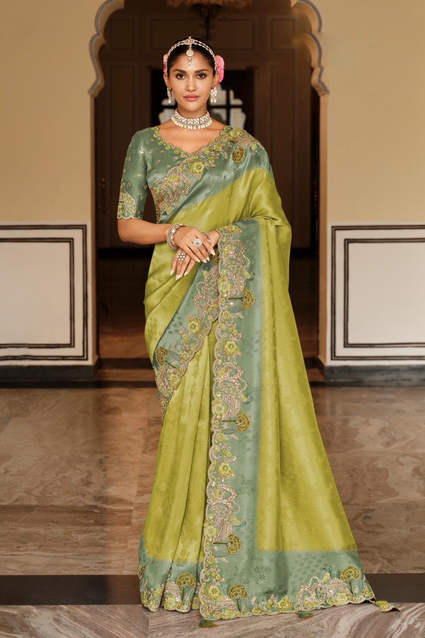 Lime Green Soft Silk Khatli Work Saree