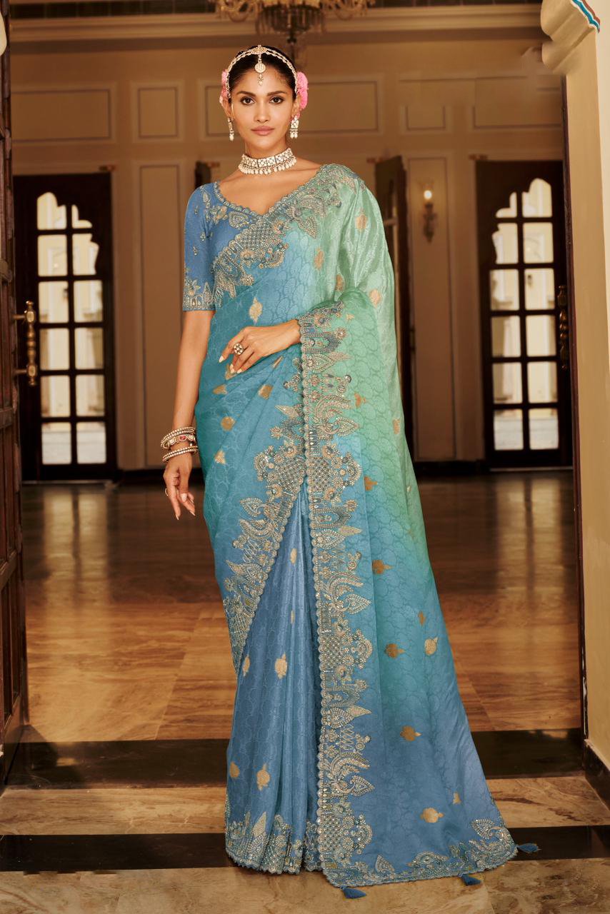 Blue Soft Silk Khatli Work Saree