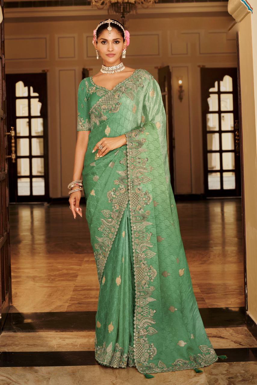 Pista Green Soft Silk Khatli Work Saree
