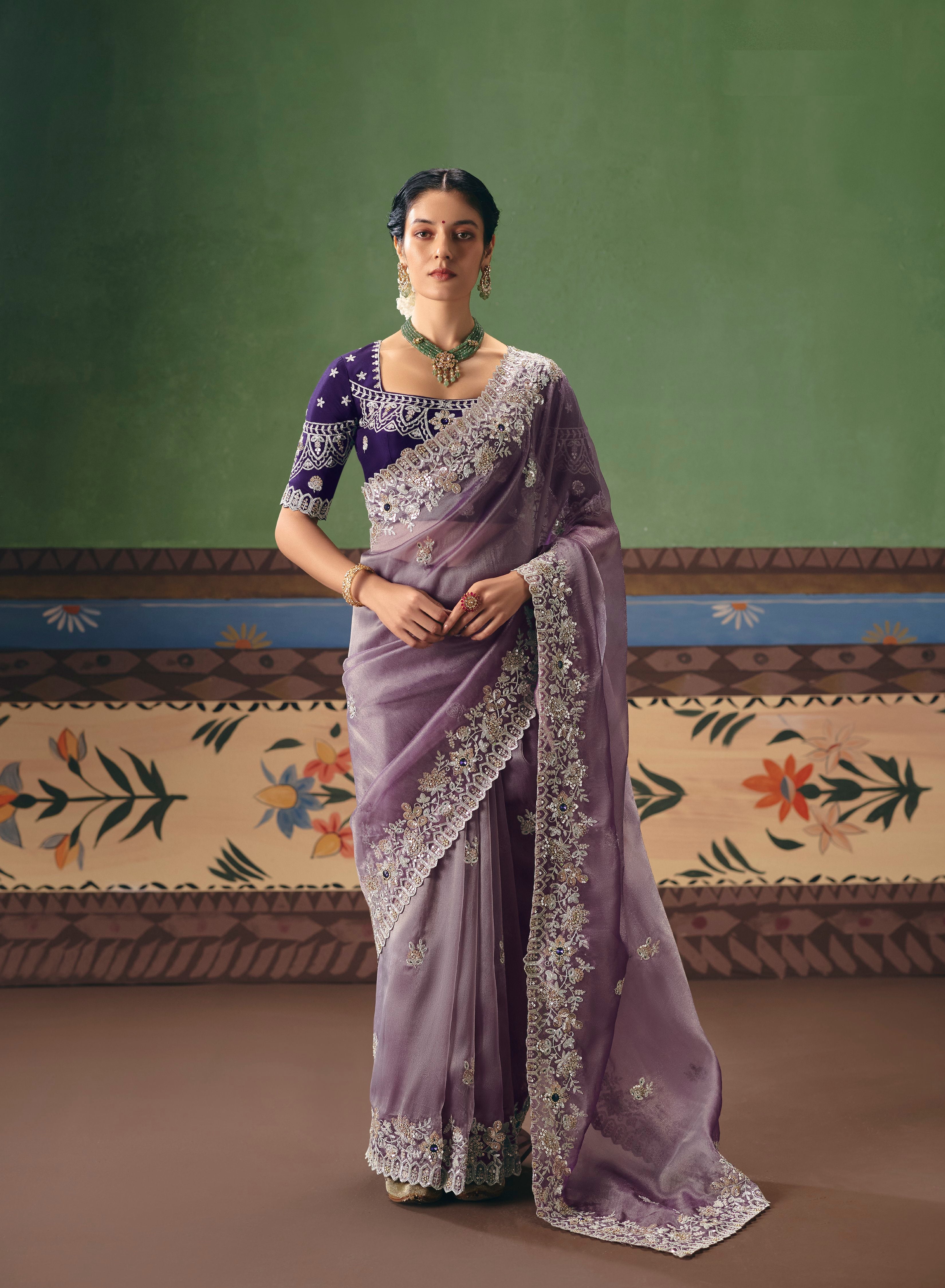Lavender Organza Tissue Sequins Saree
