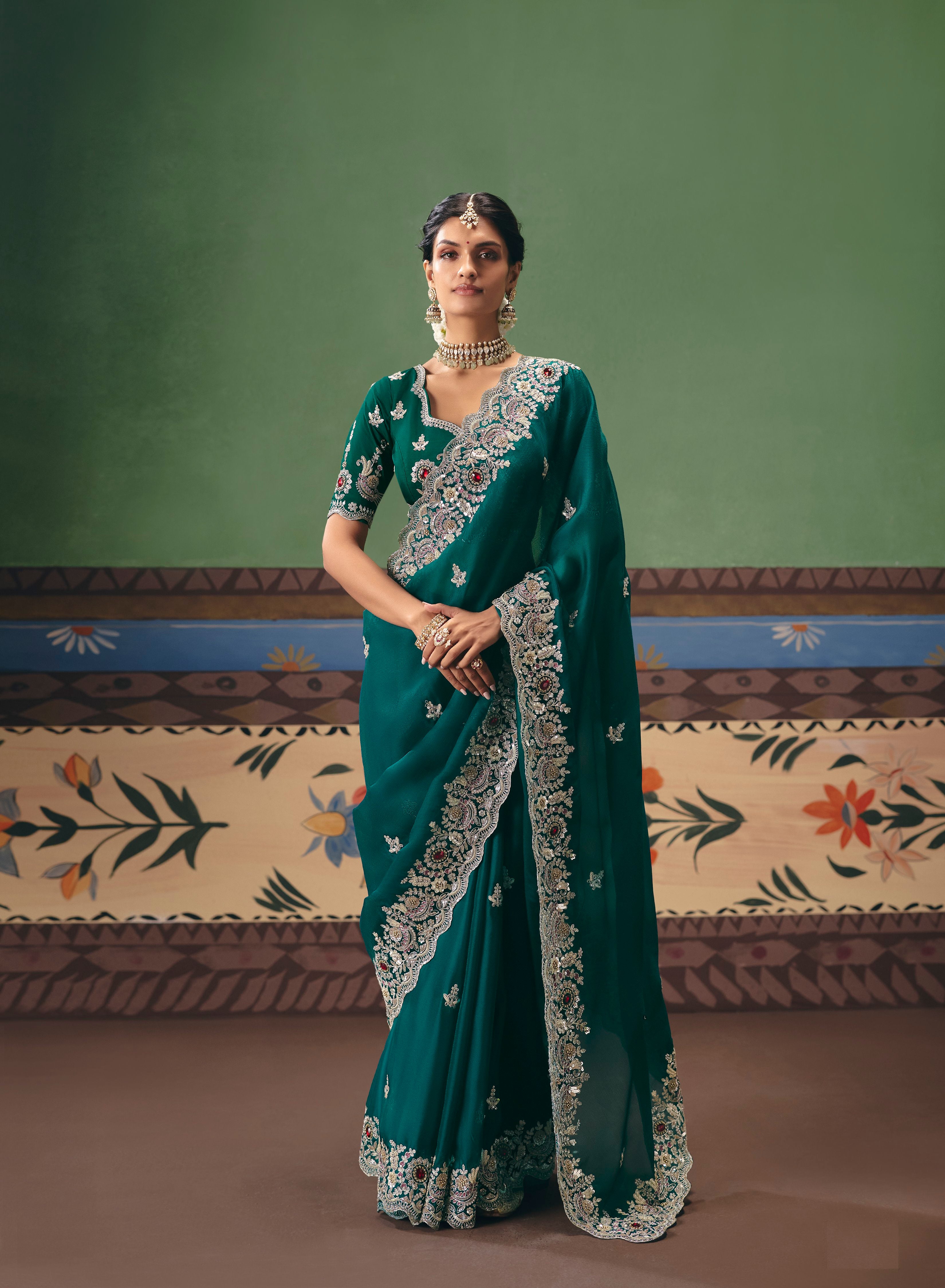 Teal Georgette Silk Sequins Saree