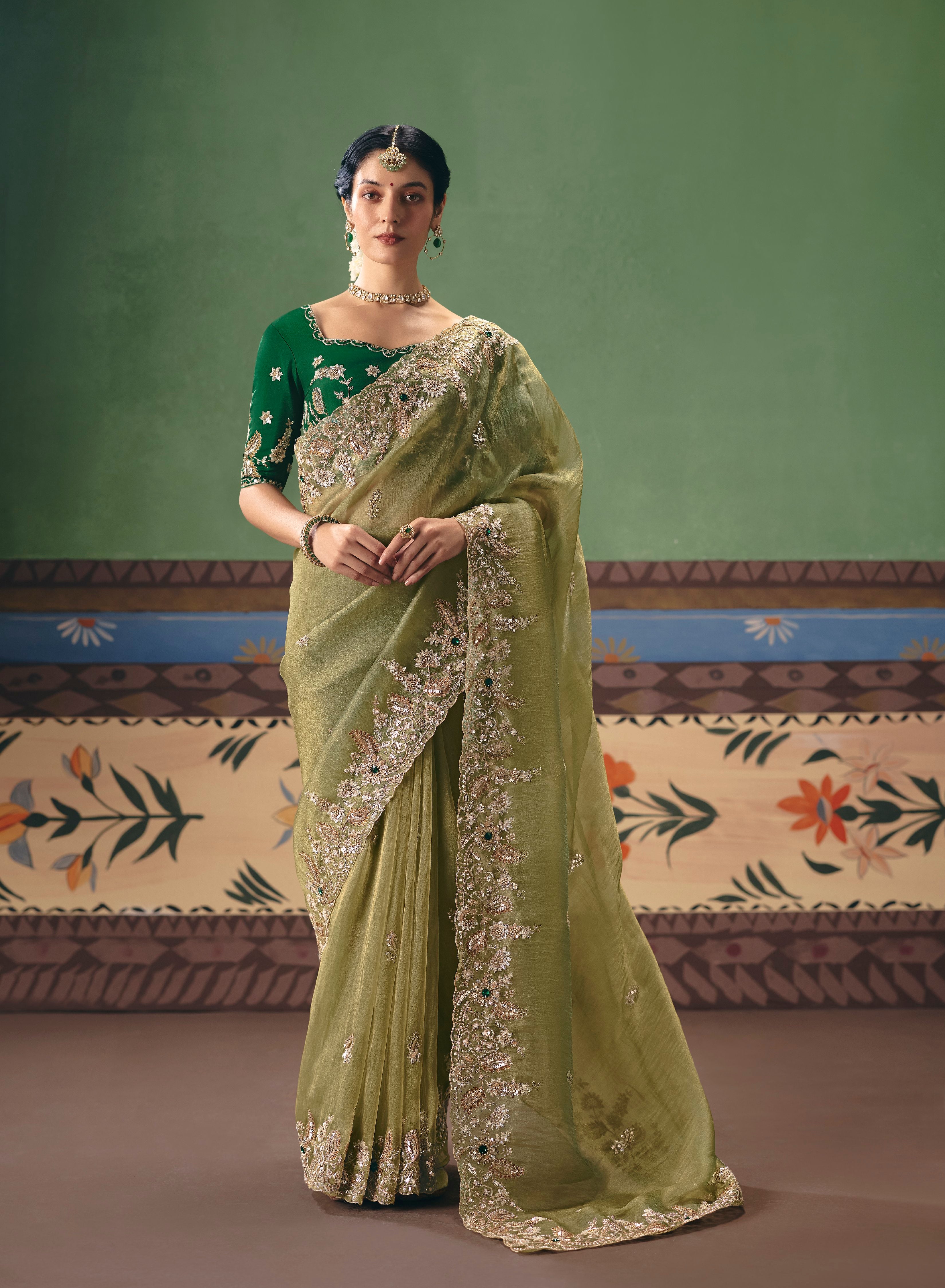 Olive Organza Tissue Sequins Saree