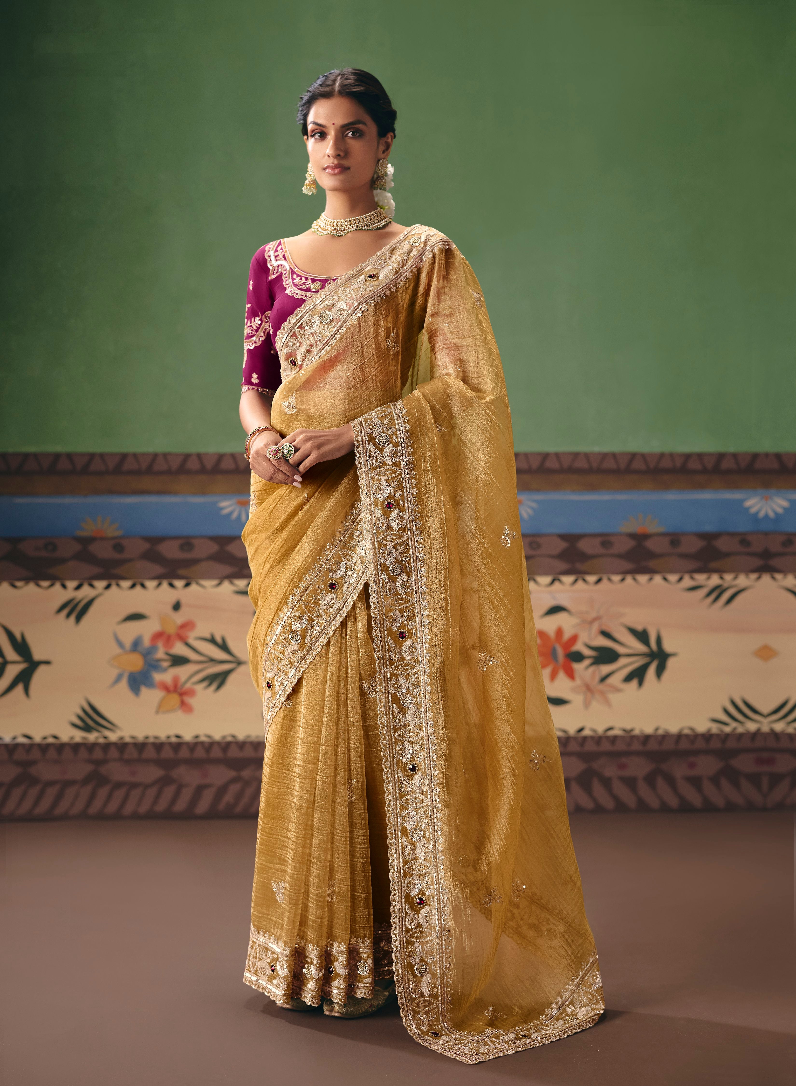 Gold Organza Tissue Sequins Saree