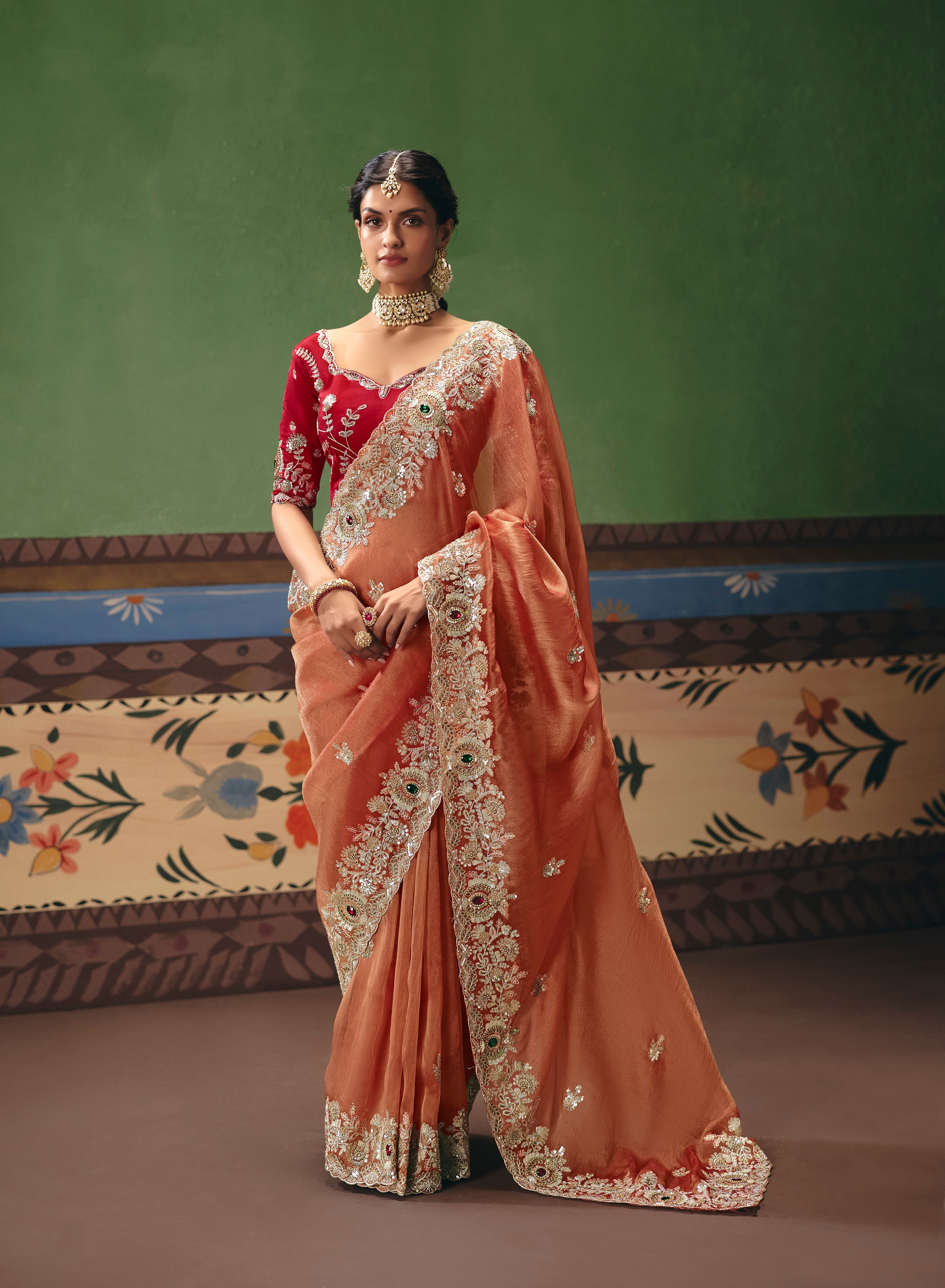 Rust Orange Organza Tissue Sequins Saree