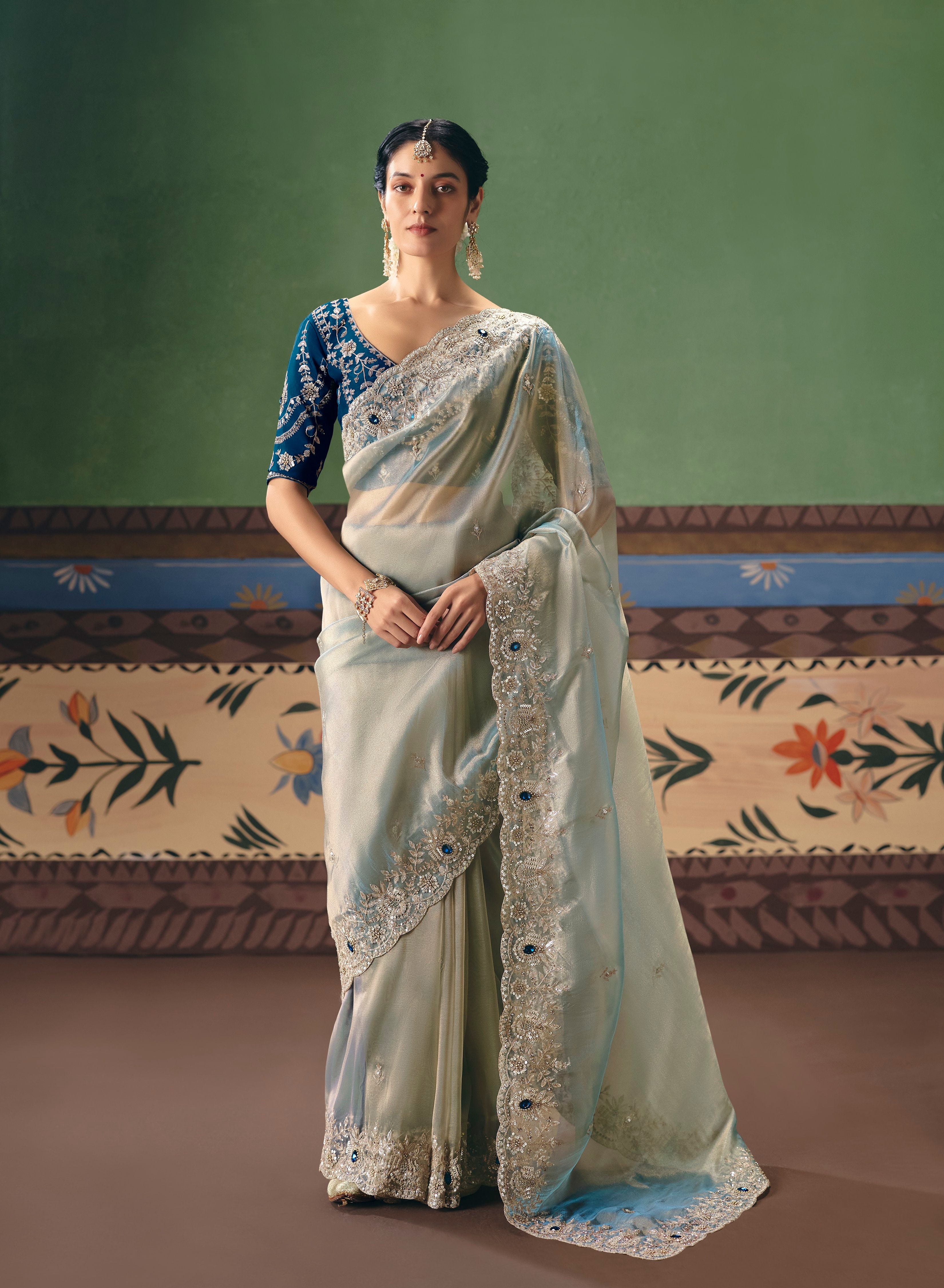 Ice Blue Organza Tissue Sequins Saree
