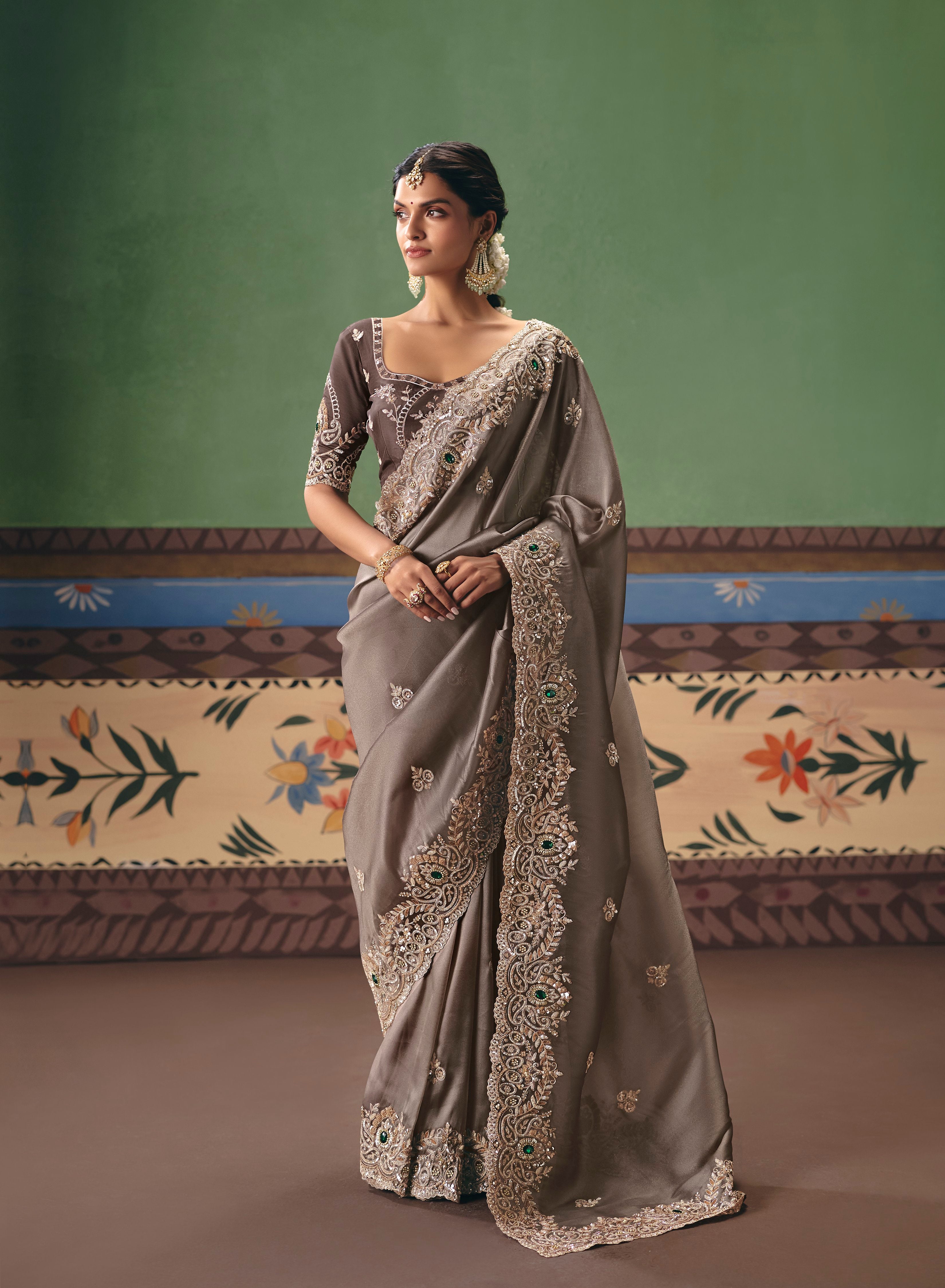 Brown Satin Georgette Sequins Saree