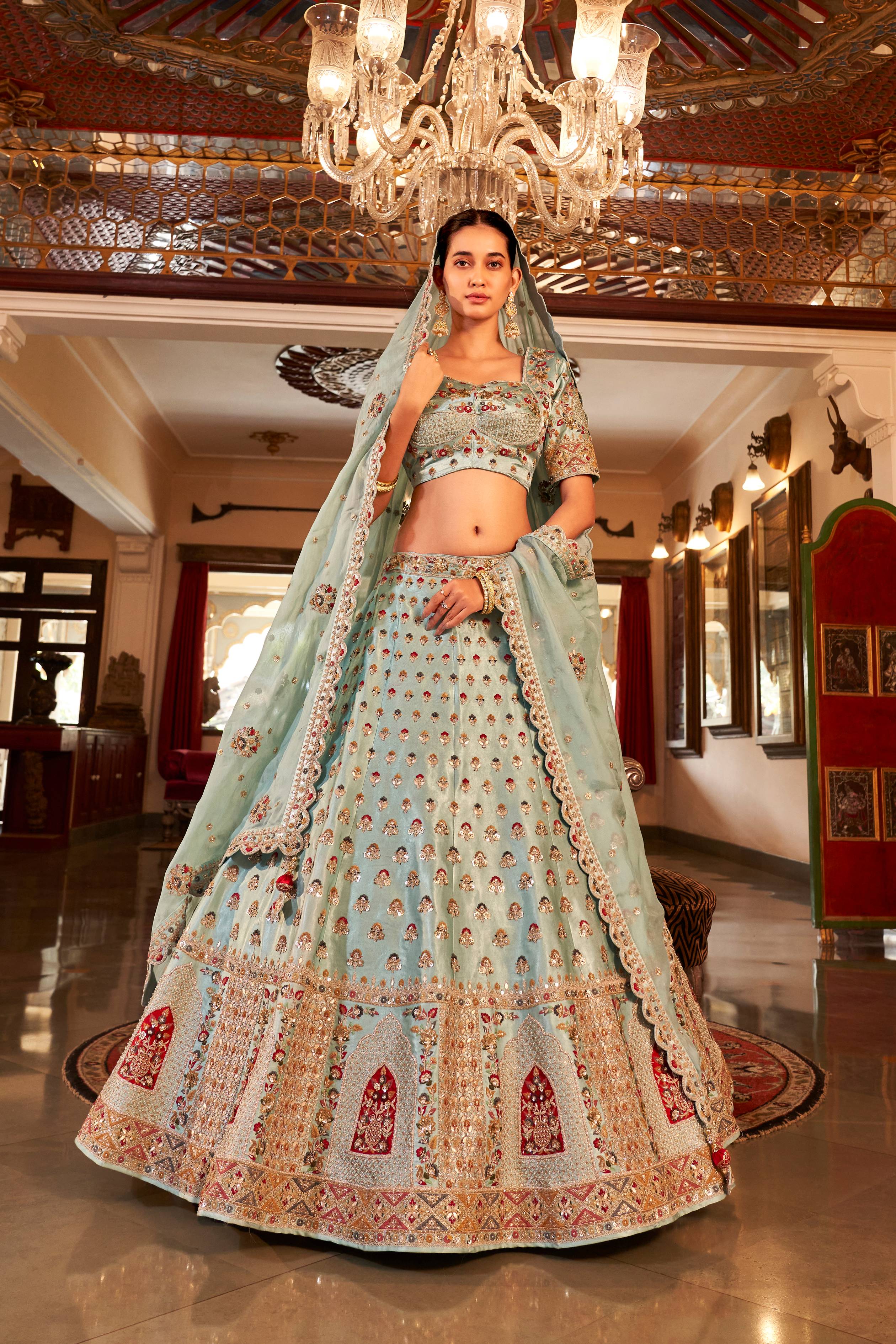 Turquoise Satin Silk Handwork Lehenga