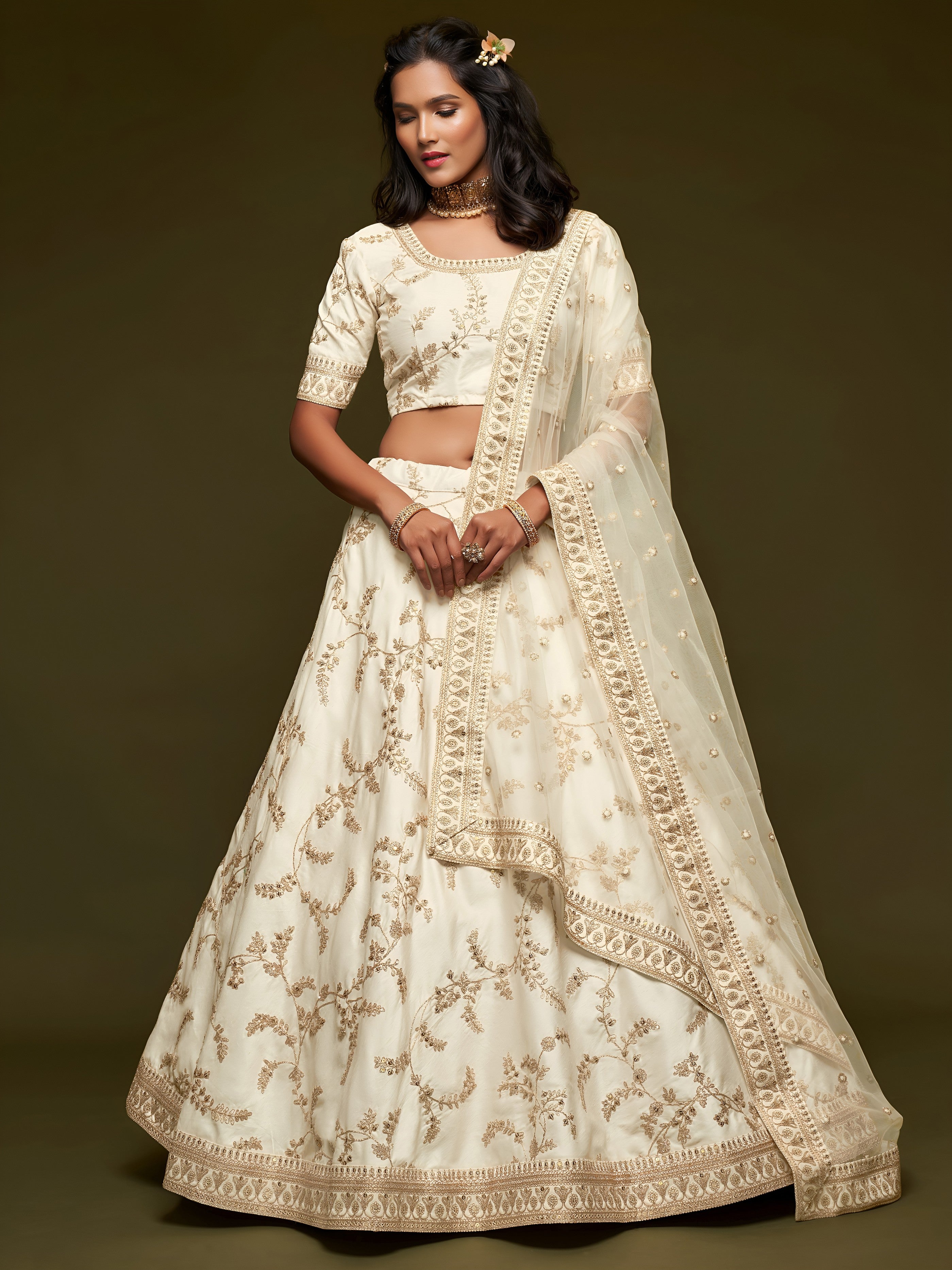 Off White Blue Silk Thread Work Lehenga