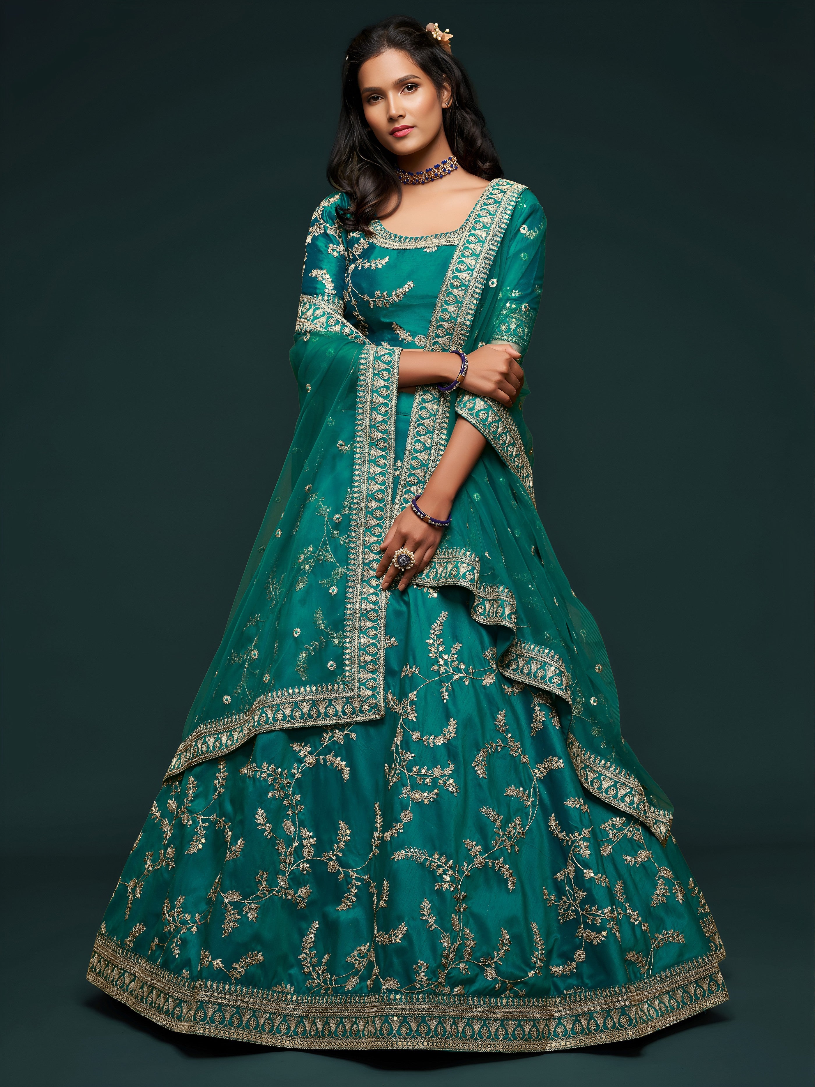 Teal Green Blue Silk Thread Work Lehenga
