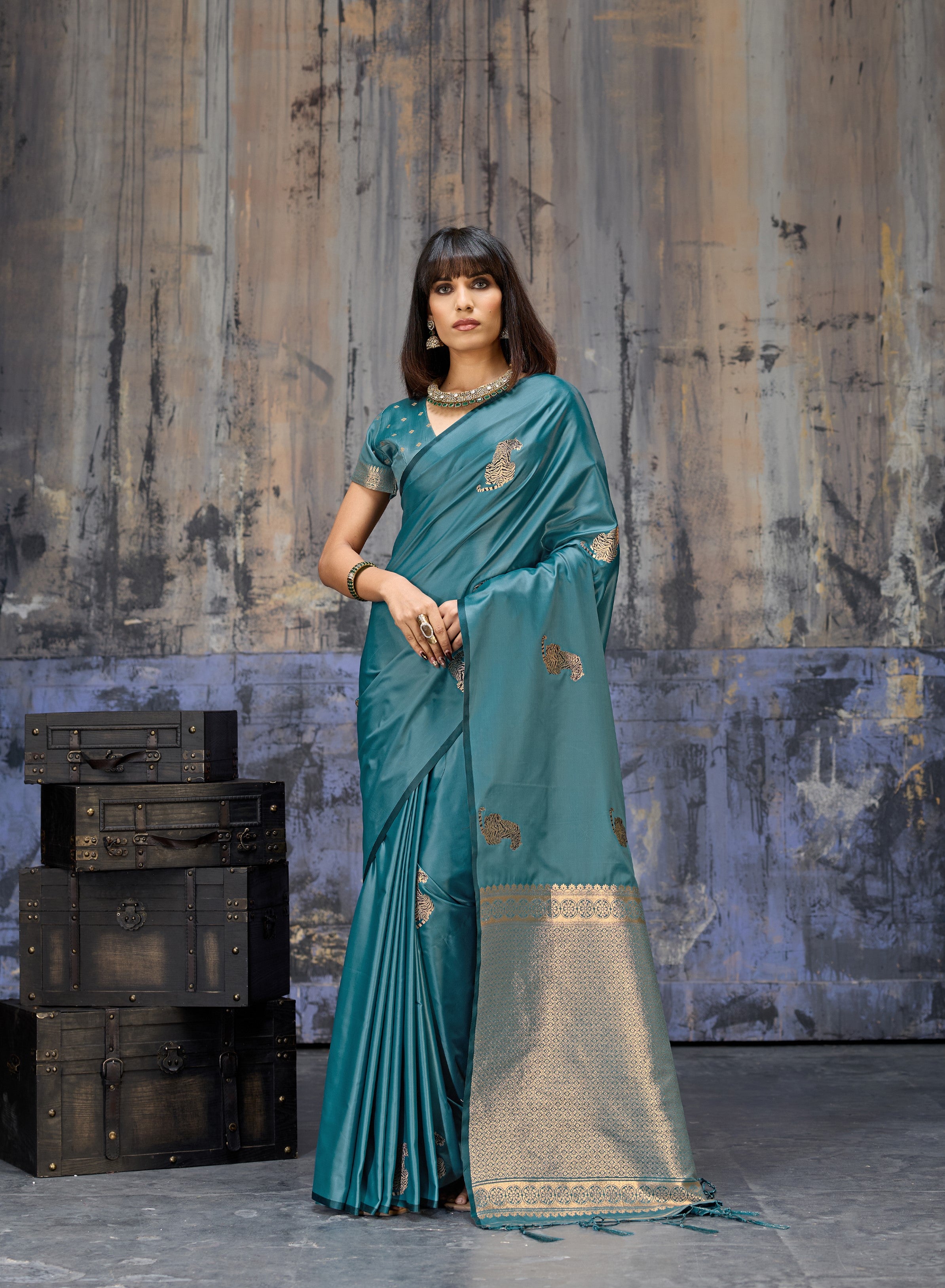 Blue Pure Satin Handloom Weaving Saree