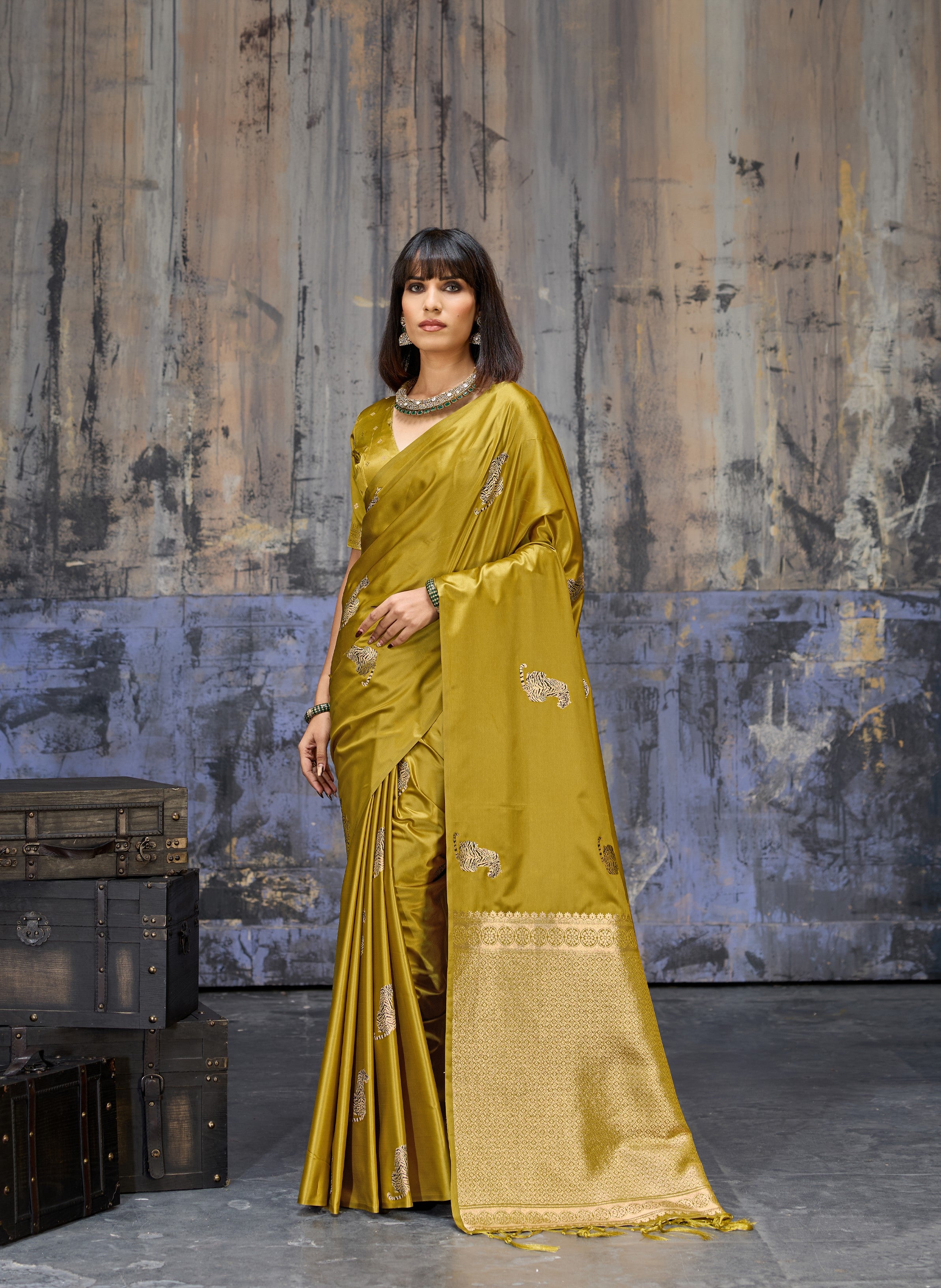 Olive Pure Satin Handloom Weaving Saree