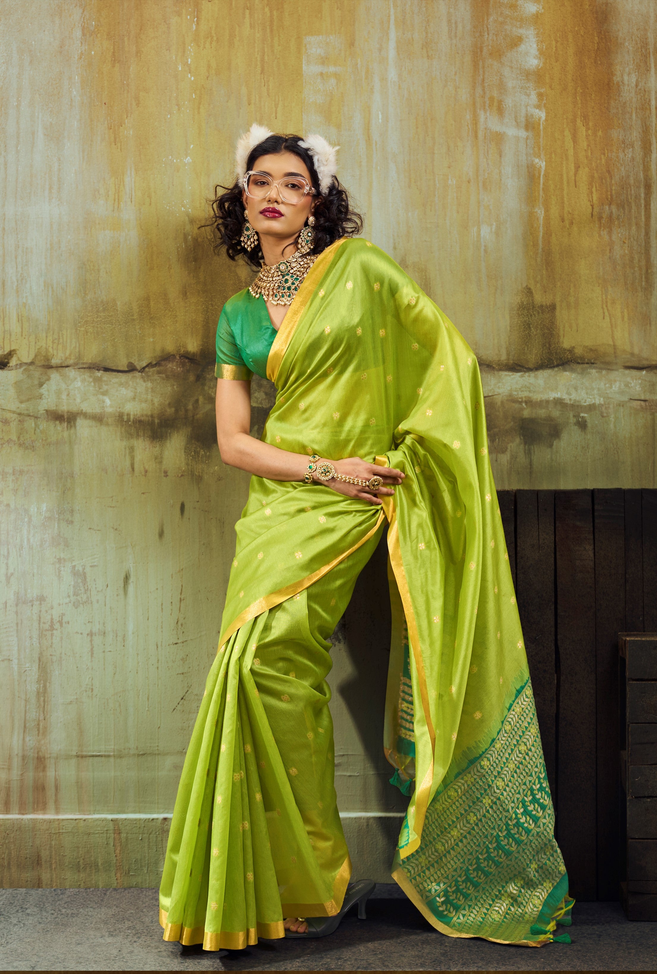 Parrot Tussar Silk Weaving Saree
