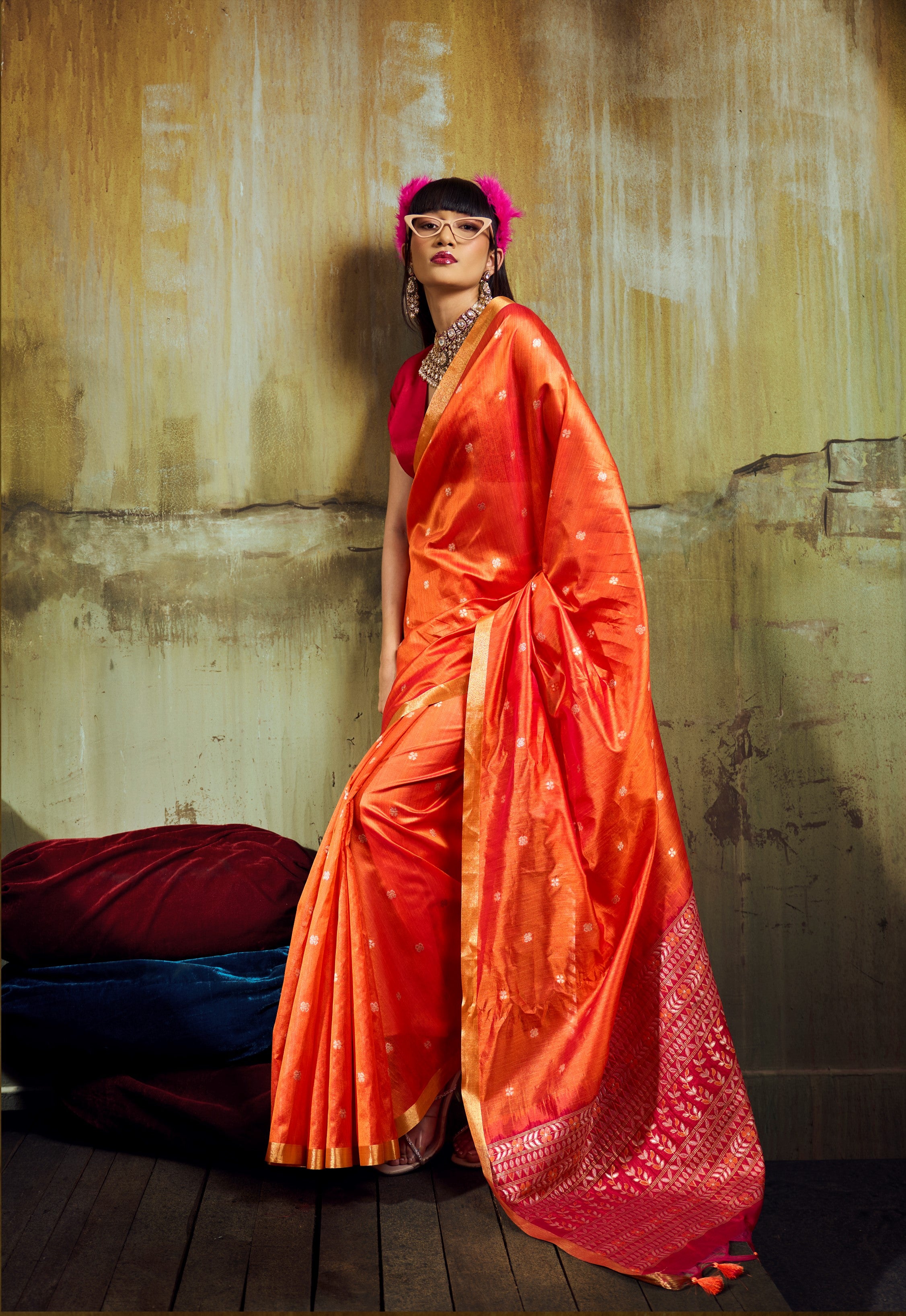 Orange Tussar Silk Weaving Saree